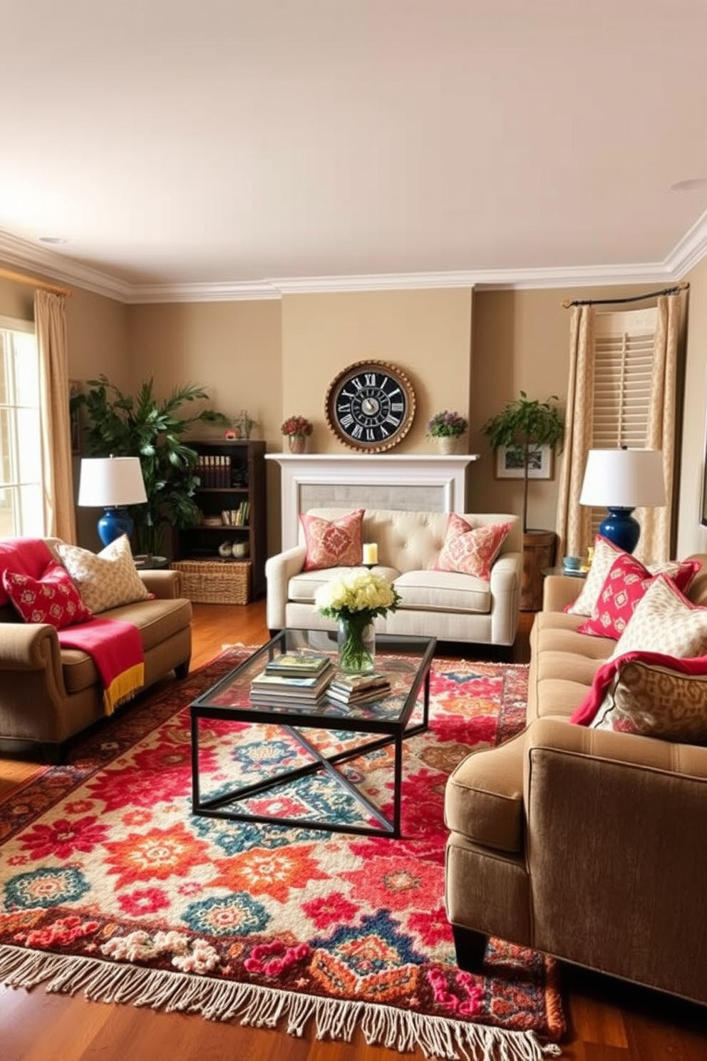 A cozy living room adorned with seasonal throw rugs featuring vibrant patterns. The space is filled with warm, inviting colors, complemented by plush furniture and decorative cushions that enhance the festive atmosphere. The walls are painted in a soft beige, creating a neutral backdrop for the vibrant decor. A stylish coffee table sits at the center, surrounded by comfortable seating, perfect for entertaining guests during the Labor Day celebrations.