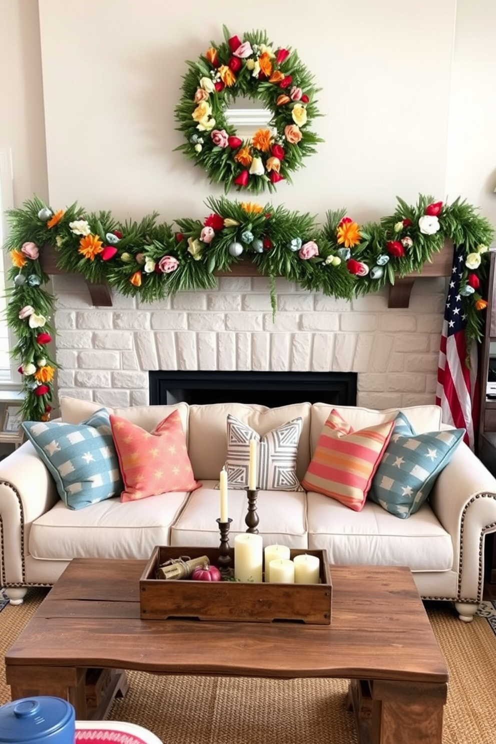 A warm and inviting living room adorned with festive garlands draped elegantly across the mantel. The garlands are lush and vibrant, featuring a mix of seasonal flowers and greenery, creating a cheerful focal point in the room. The living room is decorated in a cozy style, with a plush sofa and colorful throw pillows that reflect the spirit of Labor Day. A rustic coffee table sits in front of the sofa, surrounded by candles and small decorative items that enhance the festive atmosphere.