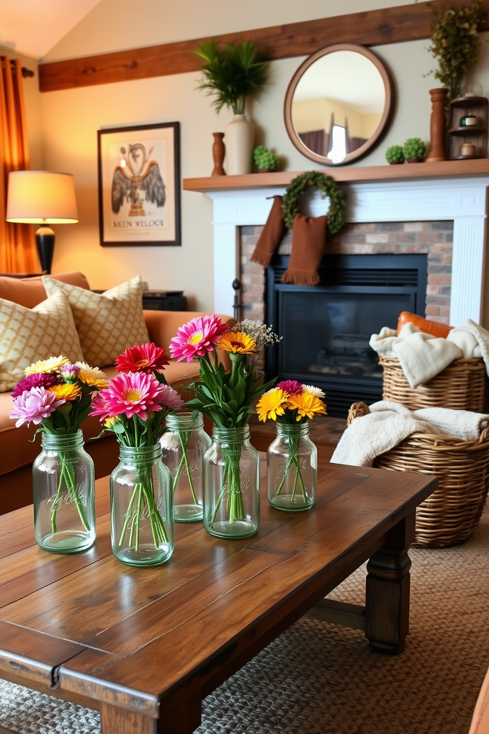 A cozy living room adorned with creative mason jar decor. Several mason jars are filled with colorful flowers and placed on a rustic wooden coffee table, adding a touch of charm. The room features a comfortable sofa in warm tones, complemented by throw pillows in seasonal colors. A woven basket sits beside the fireplace, filled with cozy blankets for a welcoming touch.