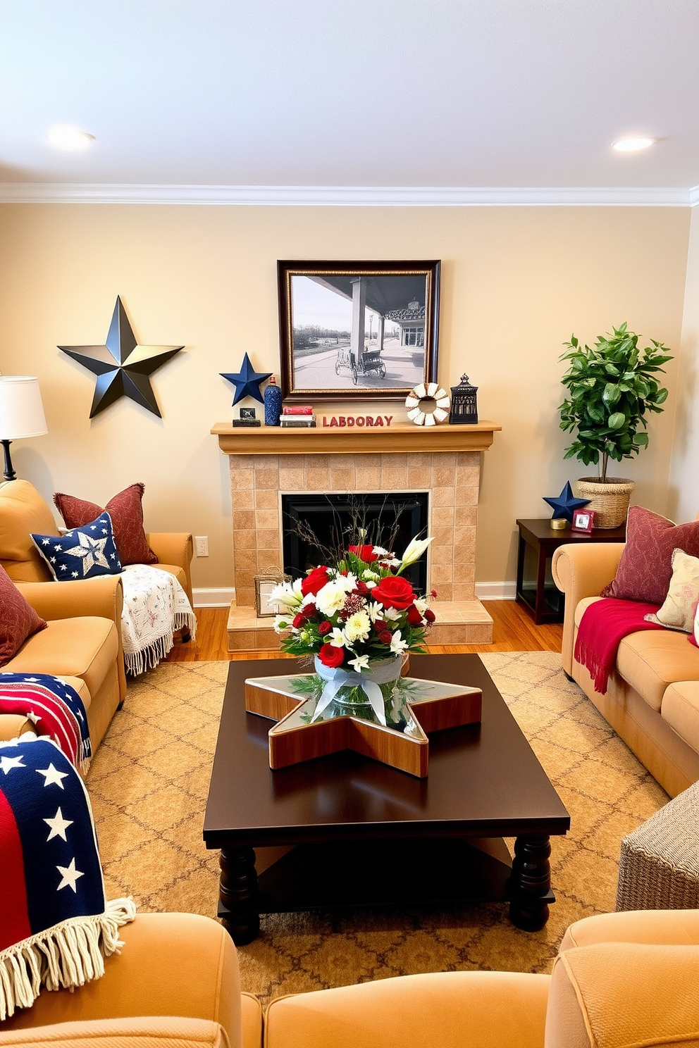 A cozy living room adorned with star shaped decorative accents. The walls are painted a soft beige, and the furniture features plush seating in warm tones, complemented by star shaped pillows and wall art. A festive atmosphere is created with tasteful Labor Day decorations. Red, white, and blue accents are incorporated through throw blankets and cushions, while a central coffee table displays a star shaped centerpiece filled with seasonal flowers.