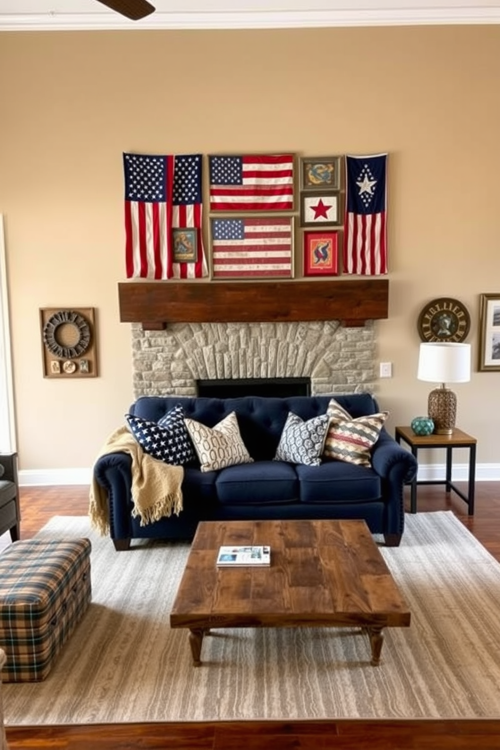 A cozy living room adorned with vintage American flags as decor. The walls are painted in a warm beige tone, and the flags are artfully arranged in a gallery style above a rustic wooden mantel. A plush navy blue sofa is centered in the room, complemented by a mix of patterned throw pillows. A large area rug with subtle stripes anchors the space, while a coffee table made of reclaimed wood adds charm and character.