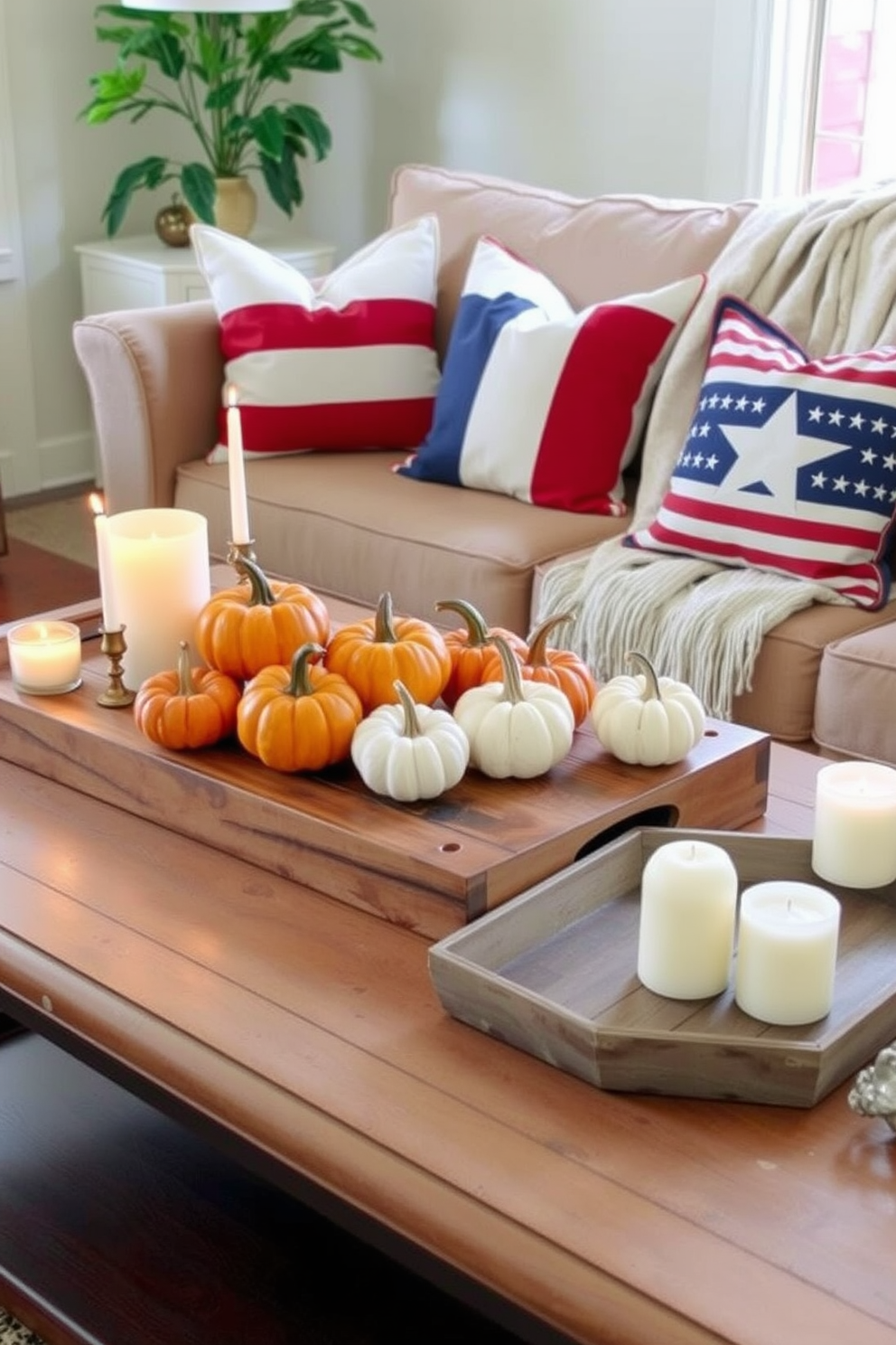 A seasonal coffee table centerpiece features a rustic wooden tray adorned with small pumpkins in varying shades of orange and white. Surrounding the tray are candles of different heights, adding warmth and inviting ambiance to the living space. For Labor Day living room decorating ideas, incorporate red, white, and blue throw pillows on a neutral sofa to celebrate the holiday's spirit. A cozy blanket draped over the armrest completes the look, creating a welcoming atmosphere for gatherings.