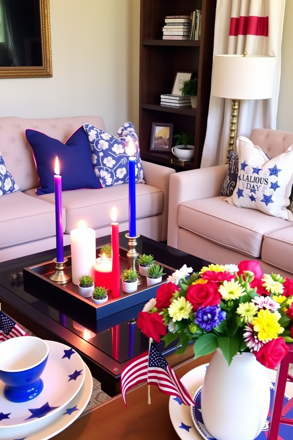 Brightly colored candles are arranged on a stylish coffee table, casting a warm glow throughout the room. The candles vary in height and are placed on decorative trays, surrounded by small potted plants for a vibrant touch. For Labor Day, the living room is adorned with festive red, white, and blue accents. Cozy throw pillows with patriotic patterns are scattered on the sofa, and a cheerful table setting features themed tableware and a centerpiece of fresh flowers.