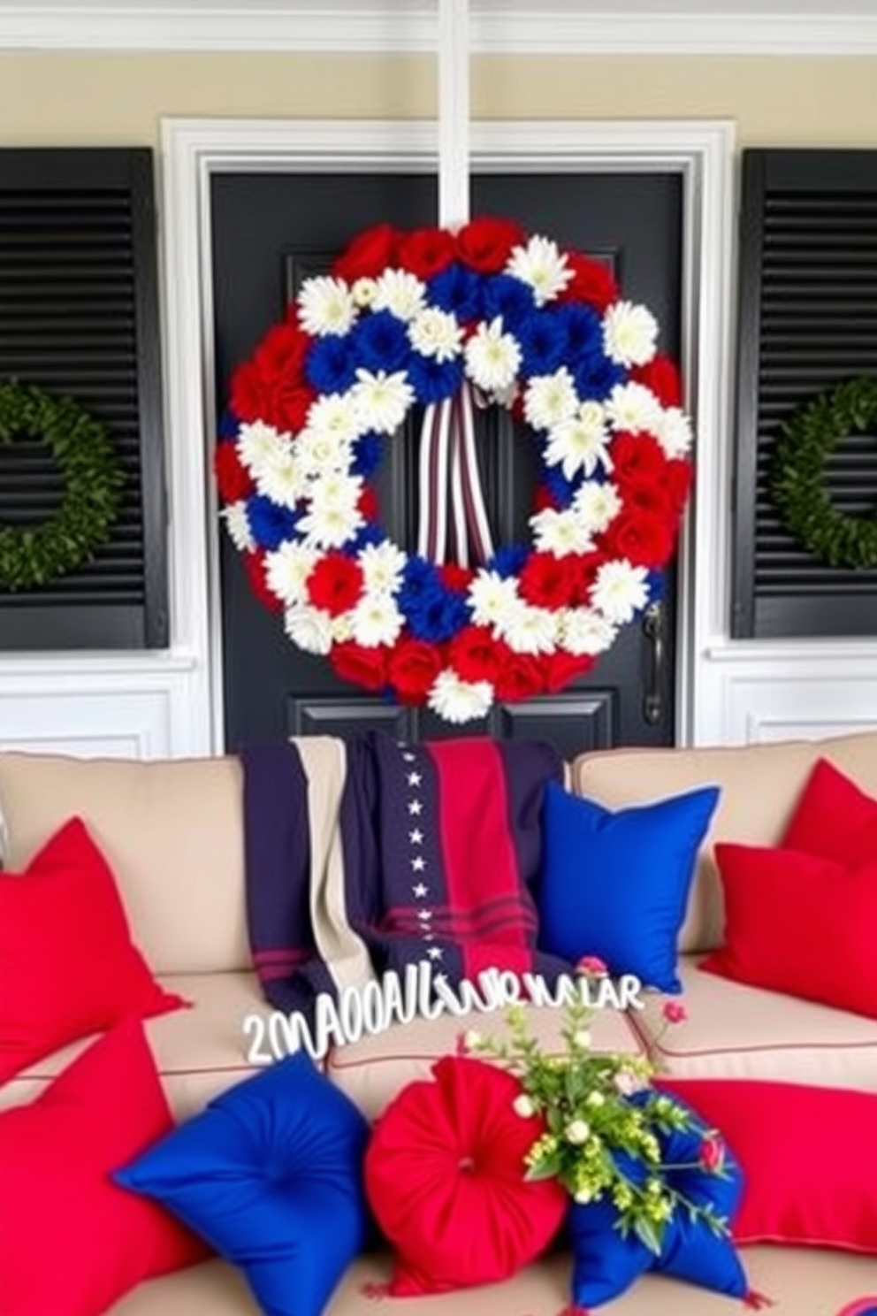 A festive living room adorned for Labor Day. A large wreath made of red, white, and blue flowers hangs on the front door, welcoming guests with a patriotic touch. Inside, the sofa is draped with a cozy throw blanket in similar colors. Red and blue cushions are scattered across the seating area, adding a cheerful and inviting atmosphere.