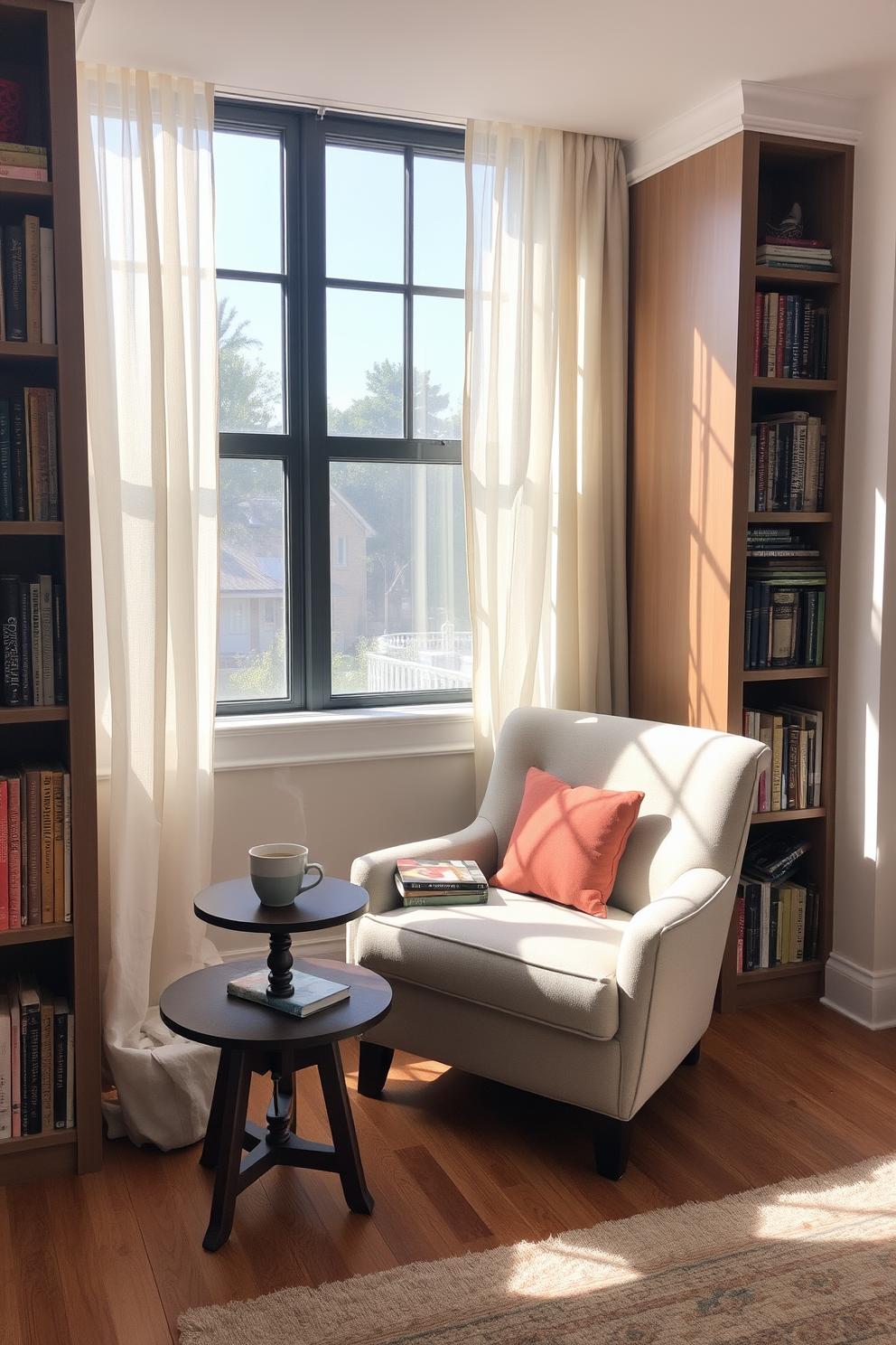 A cozy reading nook nestled in a sunlit corner of a spacious living room. It features a plush armchair upholstered in soft fabric, accompanied by a small side table holding a steaming cup of tea and a stack of well-loved books. The nook is framed by tall bookshelves filled with colorful novels and decorative items. A warm area rug lays beneath the chair, and a large window draped with sheer curtains allows natural light to filter in, creating an inviting atmosphere.