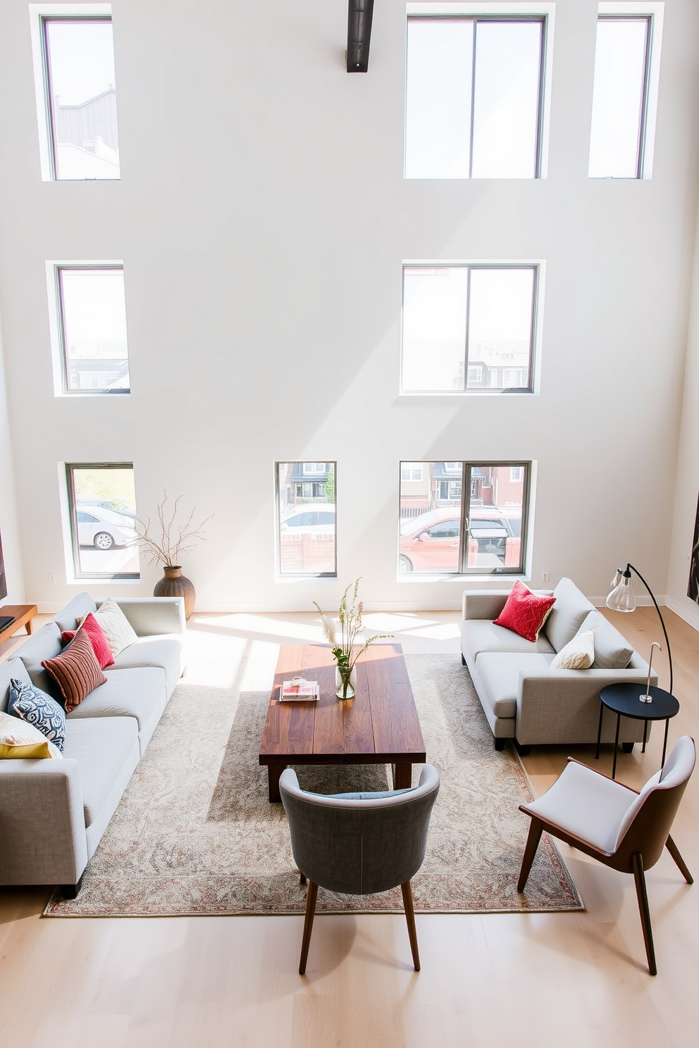 A spacious loft living area features large windows allowing natural light to flood the space. The walls are painted in a soft white hue, and a large, stylish mirror is mounted opposite the windows to reflect the light and create an airy atmosphere. The furnishings include a plush sectional sofa in a light gray fabric, complemented by colorful throw pillows. A rustic wooden coffee table sits at the center, surrounded by a few modern accent chairs, adding a touch of warmth to the contemporary design.