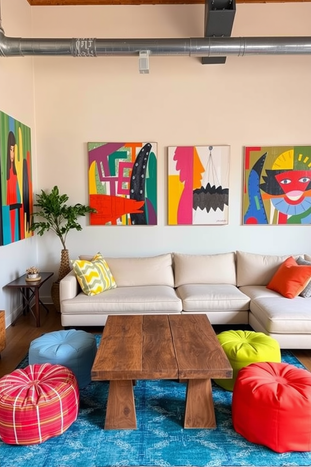 A vibrant loft space designed for Labor Day celebrations. The walls are adorned with colorful abstract artwork that brings energy and life to the room. A cozy seating area features a plush sectional sofa in a neutral tone, accented with bright throw pillows. A rustic coffee table made of reclaimed wood sits in the center, surrounded by a few colorful poufs for additional seating.