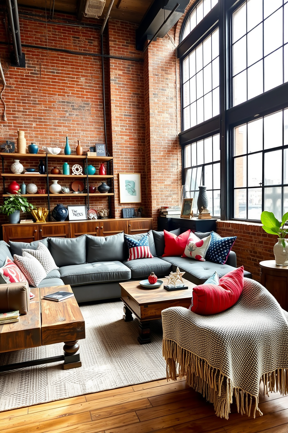 A stylish loft living room featuring an open layout with exposed brick walls and large industrial windows. The space is filled with a mix of contemporary and vintage furniture, including a plush sectional sofa and a reclaimed wood coffee table. Incorporate unique decorative accessories such as a collection of colorful vases and sculptural pieces displayed on floating shelves. To enhance the Labor Day theme, add seasonal accents like red, white, and blue throw pillows and a cozy woven blanket draped over the sofa.