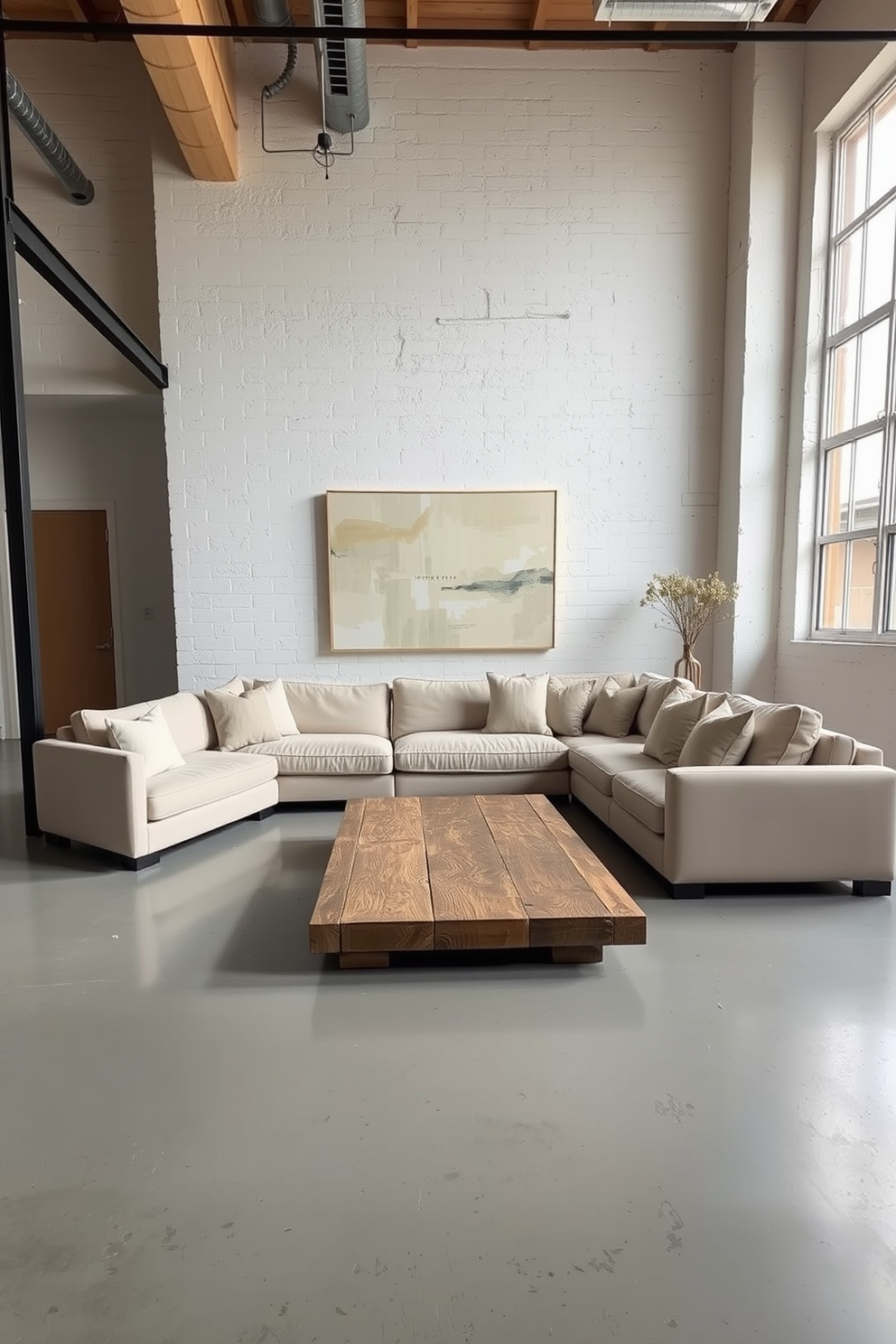 A serene loft space featuring a neutral color palette with soft beige and warm gray tones. The open floor plan includes a cozy seating area with a plush sectional sofa and a minimalist coffee table made of reclaimed wood. Large windows allow natural light to flood the room, highlighting the textured white walls and polished concrete floors. A statement piece of abstract art hangs above the sofa, complemented by a few carefully curated decorative pillows in muted tones.