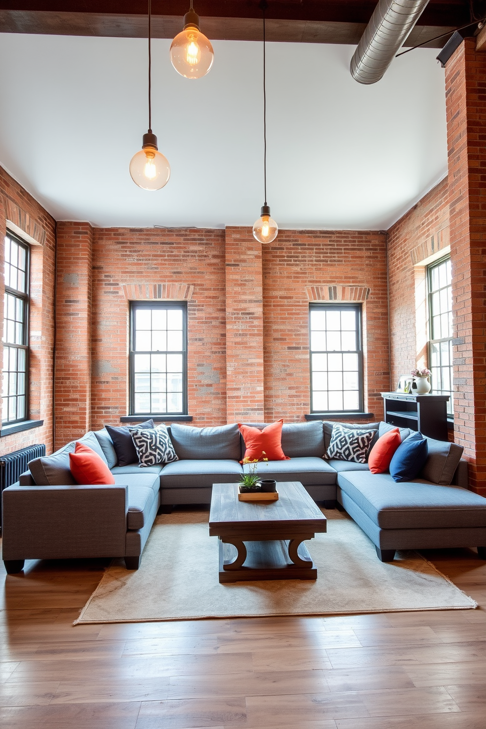 A modern loft space featuring exposed brick walls and large windows that let in natural light. The room is adorned with industrial-style lighting fixtures hanging from the ceiling, casting a warm glow over the open layout. A comfortable sectional sofa in a muted gray fabric is positioned around a rustic wooden coffee table. Decorative throw pillows in bold colors add a pop of vibrancy, while a large area rug anchors the seating area.