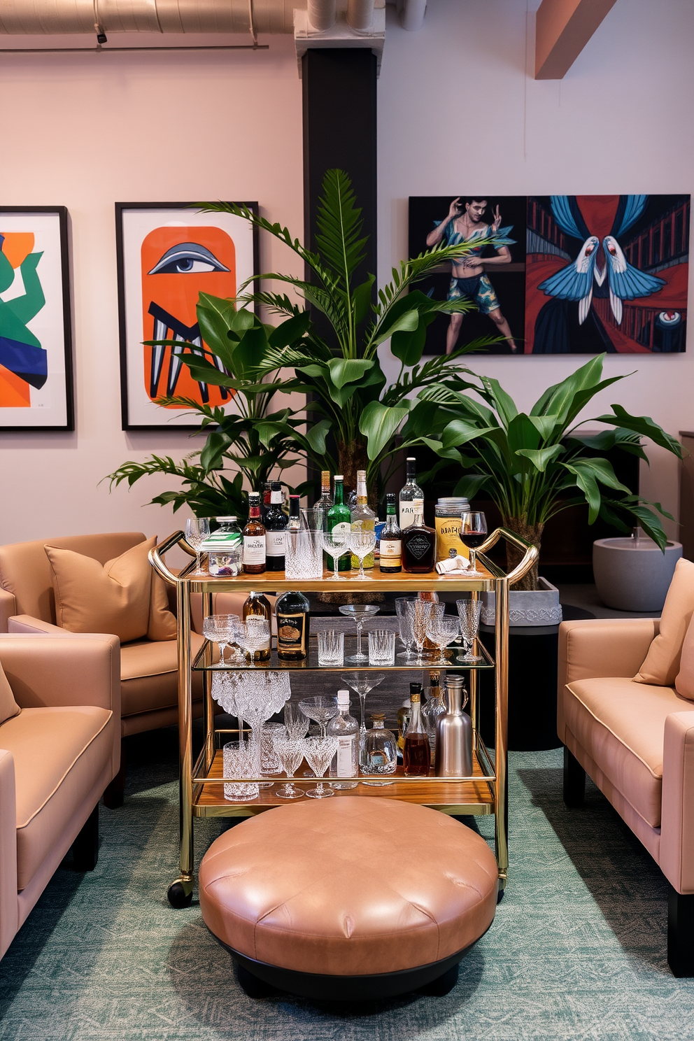 A stylish bar cart setup is elegantly arranged in a modern loft space. The cart features a mix of metallic and wooden elements, adorned with an assortment of glassware and colorful spirits. Surrounding the cart, plush seating in neutral tones invites guests to gather and enjoy. Decor accents include vibrant artwork on the walls and greenery that adds a fresh touch to the atmosphere.