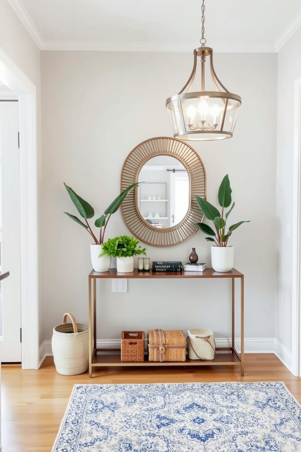 Create an inviting entryway with decor that reflects a warm and welcoming atmosphere. Incorporate a stylish console table with a decorative mirror above it, flanked by potted plants for a touch of greenery. Use soft lighting from a statement pendant light to enhance the space. Add a cozy area rug and a few carefully chosen decorative items to create a personal touch that invites guests in.