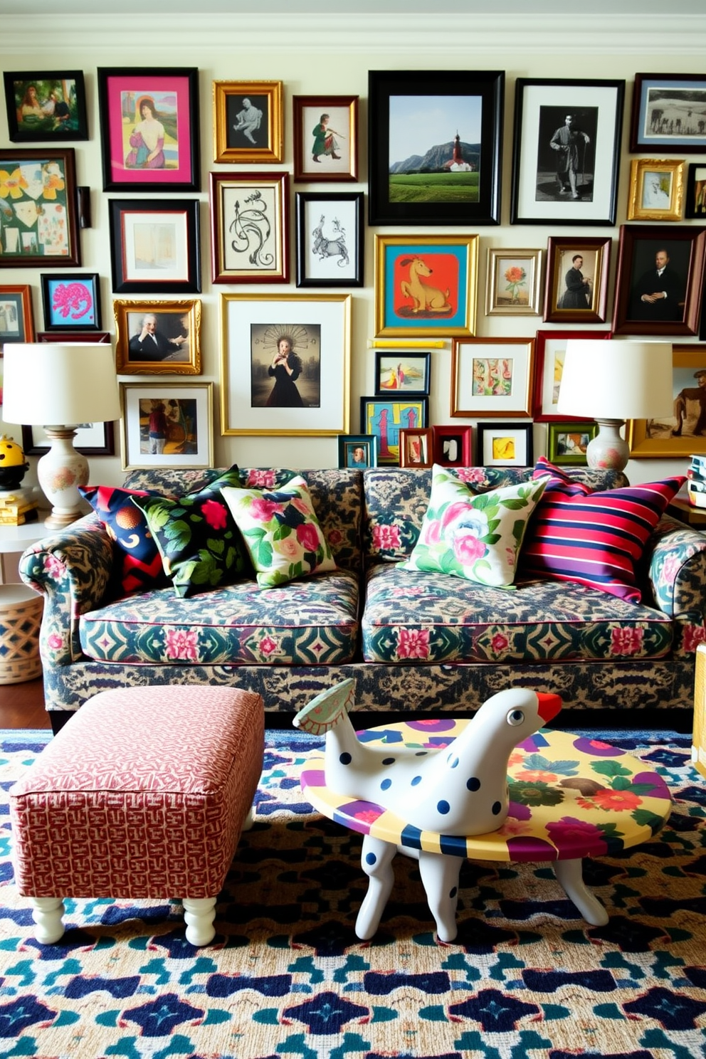 A vibrant living room space filled with a playful mix of patterns and textures. The sofa features a bold geometric print, while the throw pillows display floral and striped designs in complementary colors. The walls are adorned with an eclectic gallery of framed art, showcasing various styles and sizes. A patterned area rug anchors the seating area, and a whimsical coffee table adds a touch of fun to the arrangement.