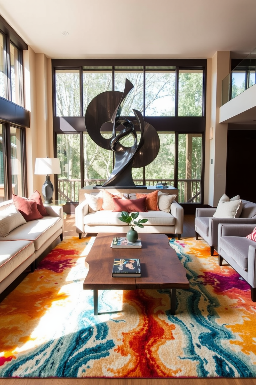 A stylish living room featuring a large, abstract sculpture as the statement piece in the center. The space is adorned with plush seating in neutral tones and a vibrant area rug that adds warmth and color. The walls are painted in a soft beige, complementing the natural light streaming through large windows. A coffee table made of reclaimed wood sits in front of the seating area, topped with art books and a small potted plant for a touch of greenery.