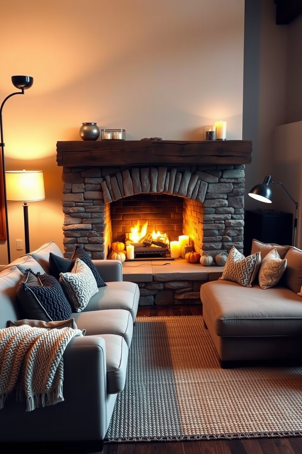 A cozy fireplace area features a rustic stone surround that adds warmth and texture to the space. A large, plush sectional sofa is arranged in a semicircle around the fireplace, adorned with soft throw pillows and a knitted blanket for added comfort. The mantel is decorated with seasonal accents, including small pumpkins and candles that create a welcoming atmosphere. A woven area rug anchors the seating area, while warm ambient lighting from stylish floor lamps enhances the inviting feel of the loft.