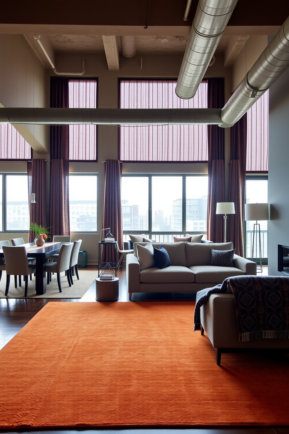 A spacious loft living area with distinct zones defined by textiles. A large area rug in warm tones anchors the seating area, while a patterned throw blanket drapes over a modern sofa. To the left, a dining nook features a table surrounded by upholstered chairs, enhanced by a colorful table runner. Floor-to-ceiling curtains in a rich fabric frame the windows, adding elegance and warmth to the space.