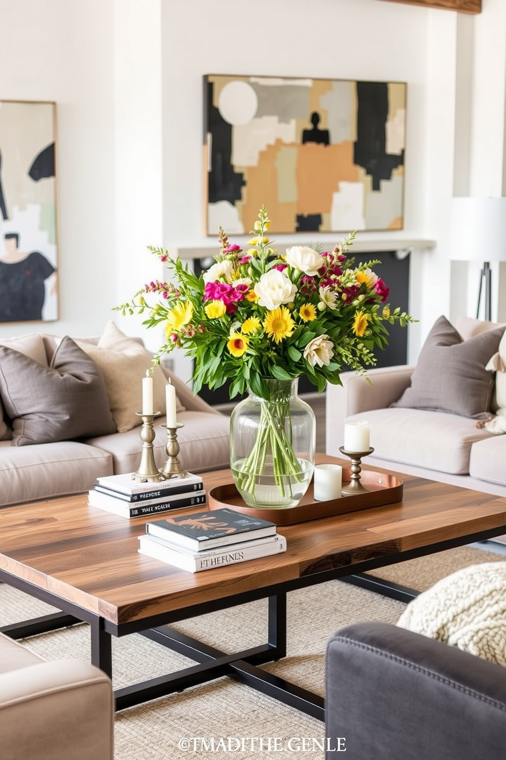 A modern loft living room featuring an industrial-style coffee table made of reclaimed wood and metal. The centerpiece consists of a large, elegant vase filled with fresh seasonal flowers, surrounded by a few carefully curated coffee table books and a decorative tray with candles. The walls are adorned with abstract art pieces that add a pop of color to the neutral palette. Soft, plush seating in muted tones complements the rustic charm of the space, creating an inviting atmosphere perfect for gatherings on Labor Day.