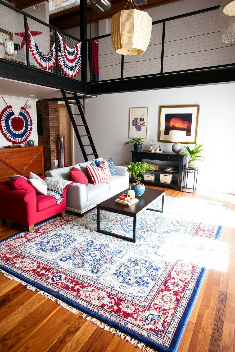 A cozy loft space featuring a statement rug that adds warmth and texture to the room. The rug is layered over hardwood floors, creating a comfortable and inviting atmosphere for relaxation and gatherings. Incorporate vibrant Labor Day decorations throughout the loft, such as red, white, and blue accents. Use throw pillows and wall art to enhance the festive spirit while maintaining a sophisticated design aesthetic.