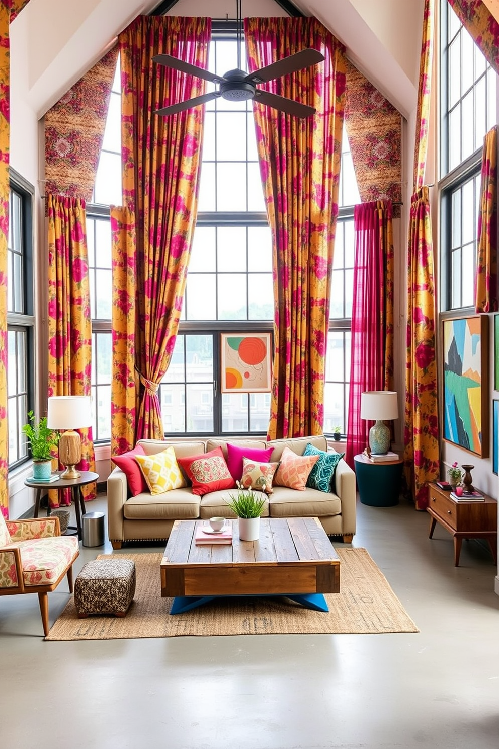 A vibrant loft space adorned with colorful curtains that frame large windows, allowing natural light to flood the room. The curtains feature a bold floral pattern, complementing the eclectic mix of furniture and decor throughout the space. In the center of the room, a cozy seating area invites relaxation, with a plush sofa and an assortment of colorful throw pillows. A rustic coffee table made of reclaimed wood adds warmth to the modern design, while artwork on the walls showcases local talent and adds character to the loft.