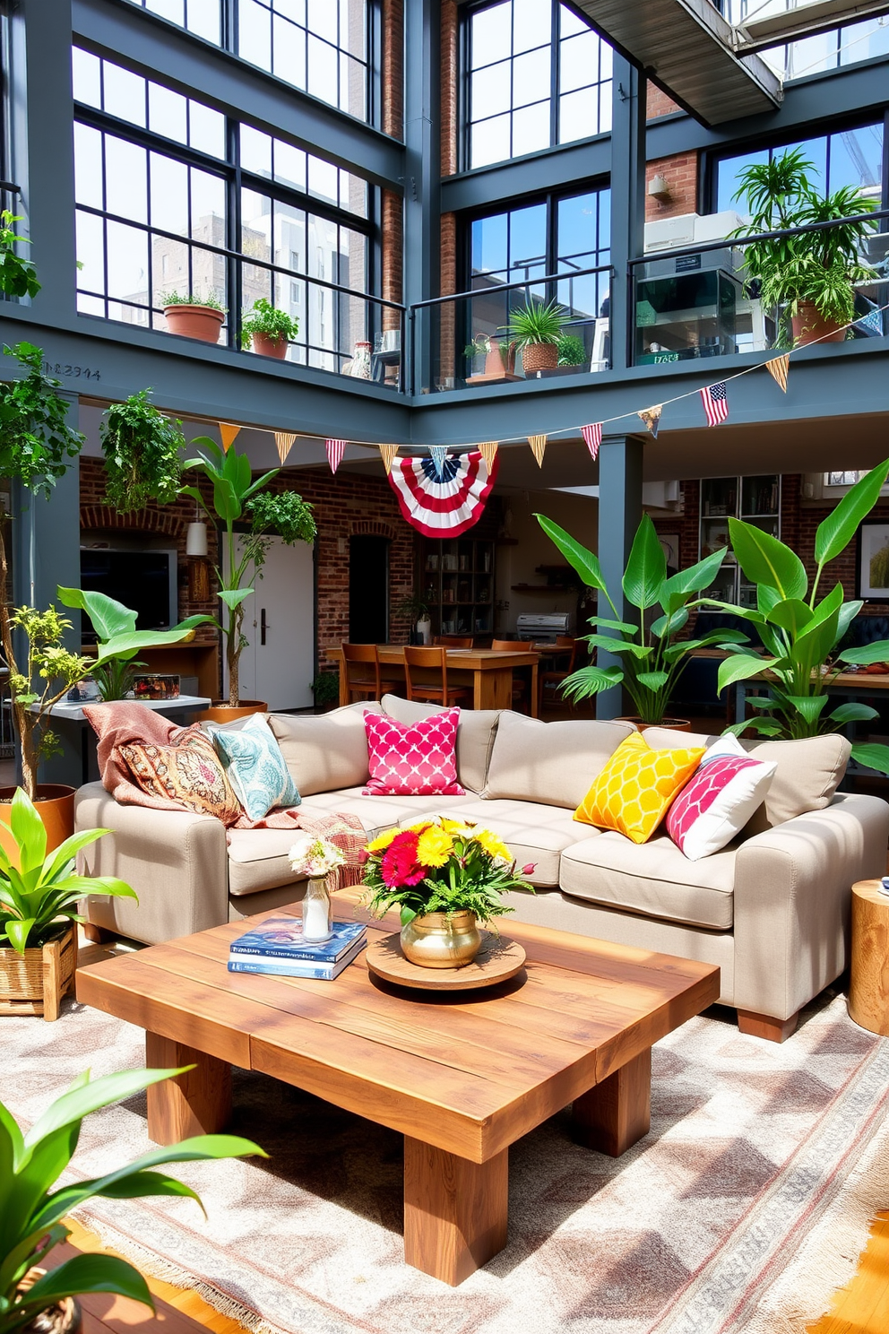 A stylish loft space decorated for Labor Day features an open layout with high ceilings and large windows that allow natural light to flood in. The decor includes a mix of modern and rustic elements, with a comfortable sectional sofa and a reclaimed wood coffee table at the center. To enhance the ambiance, vibrant indoor plants are strategically placed throughout the space, adding a touch of greenery and life. Colorful throw pillows and a cozy blanket on the sofa complement the seasonal theme, while festive decorations celebrate the spirit of Labor Day.