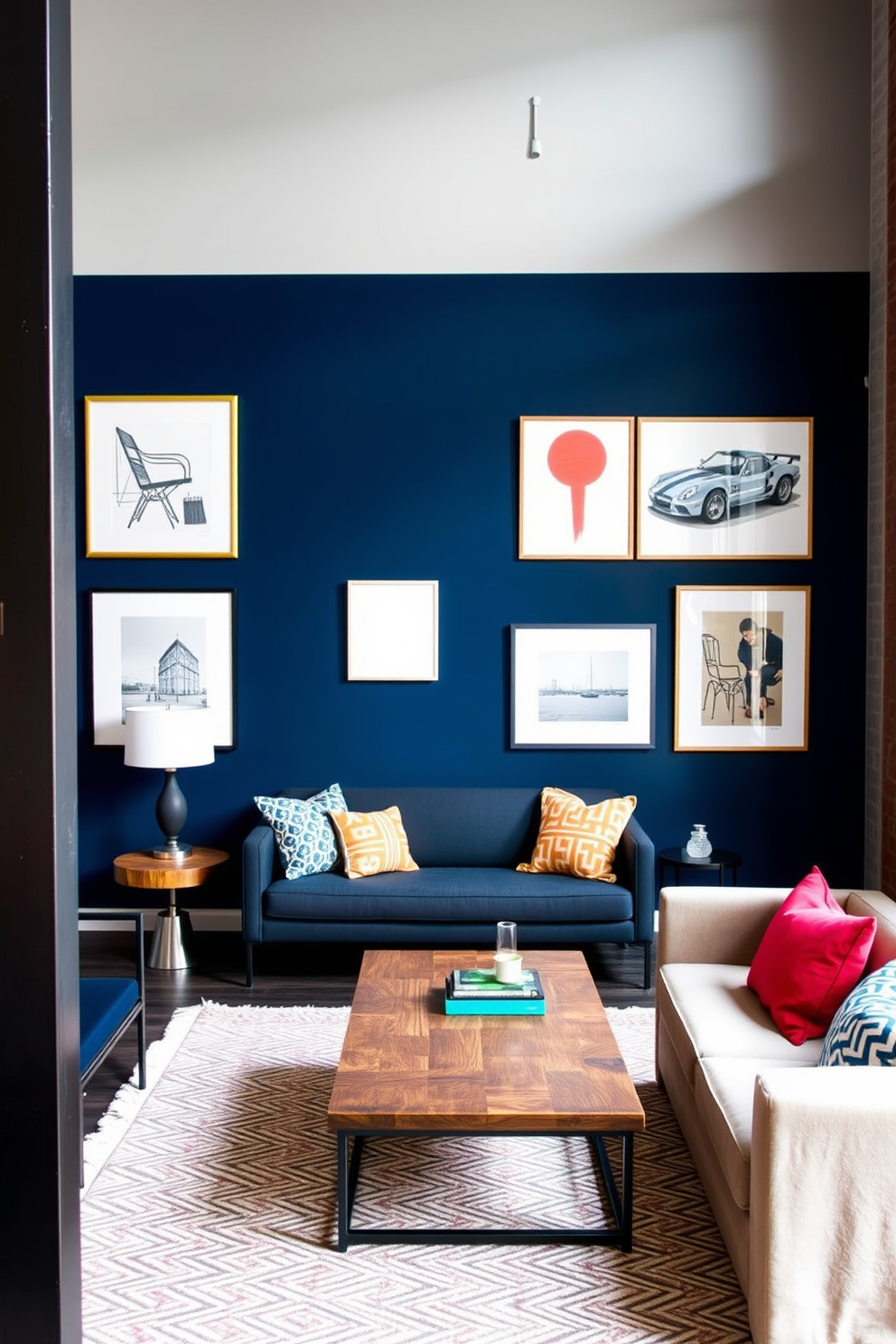 A vibrant accent wall painted in deep navy blue serves as the focal point of the loft, creating a striking contrast against the light gray walls. The space is adorned with contemporary artwork that complements the bold color, adding personality and flair. Stylish industrial furniture pieces like a reclaimed wood coffee table and metal-framed chairs enhance the modern aesthetic of the loft. Cozy textiles such as a plush area rug and colorful throw pillows invite comfort and warmth into the space.