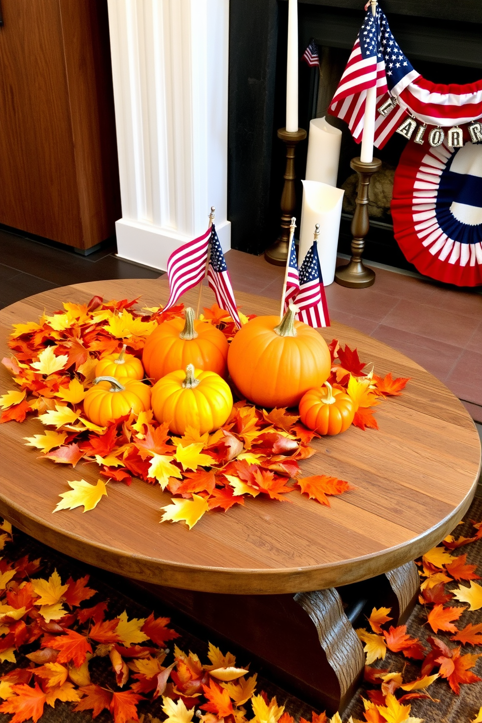 A cozy autumn display features a collection of vibrant orange and yellow leaves scattered around a rustic wooden table. Several small pumpkins in varying sizes are artfully arranged, creating a warm and inviting atmosphere. For Labor Day, the mantel is adorned with red, white, and blue decorations, including a garland of stars and stripes. A few small flags are placed alongside seasonal candles, adding a festive touch to the holiday celebration.