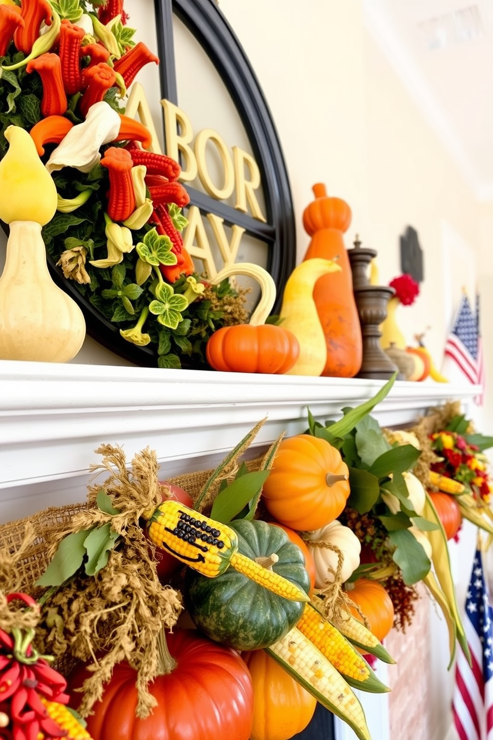 A vibrant mantel decorated for Labor Day featuring colorful gourds and decorative corn. The gourds are arranged in varying sizes and colors, creating a festive and inviting atmosphere.