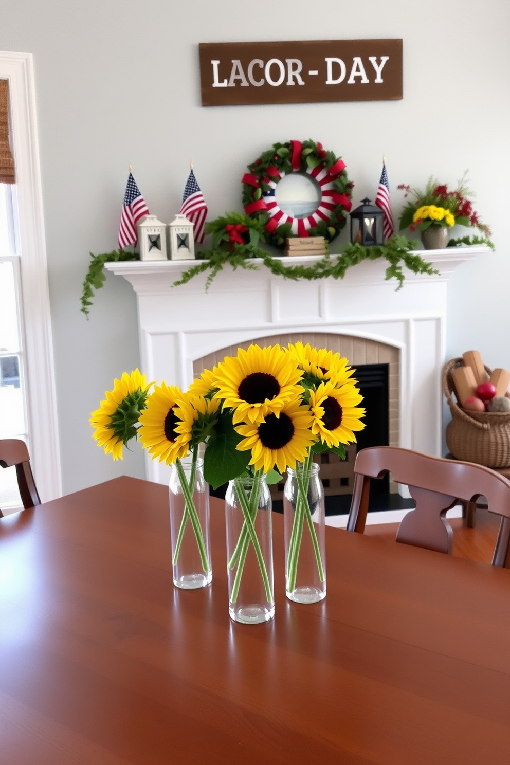 Chic glass vases filled with vibrant sunflowers are arranged elegantly on a minimalist wooden table. The bright yellow blooms contrast beautifully with the clear glass, bringing a cheerful and fresh ambiance to the space. For Labor Day, a festive mantel is adorned with red, white, and blue decorations. Small American flags, rustic lanterns, and seasonal foliage create a warm and inviting atmosphere, perfect for celebrating the holiday.