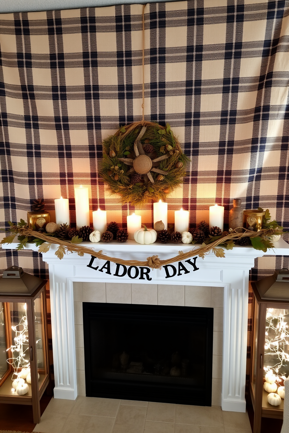 A cozy mantel decorated for Labor Day featuring natural elements like pinecones and acorns. The mantel is adorned with a rustic garland made of twine and leaves, complemented by small pumpkins and candles of varying heights. On either side of the mantel, there are wooden lanterns filled with fairy lights to create a warm ambiance. A backdrop of a soft plaid fabric adds texture and warmth to the overall design.