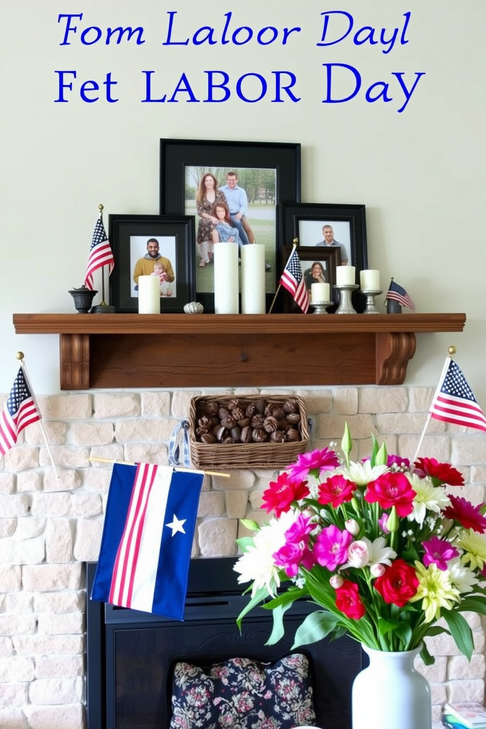 A cozy living room mantel decorated for Labor Day. The mantel features layered frames displaying family photos, surrounded by small American flags and seasonal decorations in red, white, and blue. A rustic wooden shelf holds a collection of candles and a woven basket filled with pinecones. Fresh flowers in a vase add a touch of color, completing the festive and inviting atmosphere.