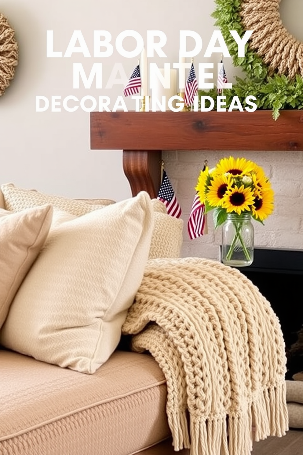 Textured fabrics create a warm and inviting atmosphere in a living room. Soft cushions in various shades of beige and cream are layered on a plush sofa, complemented by a chunky knit throw draped over the armrest. For Labor Day mantel decorating ideas, a rustic wooden mantel is adorned with seasonal elements. A collection of small American flags, white candles, and fresh sunflowers in a mason jar add a festive touch to the display.