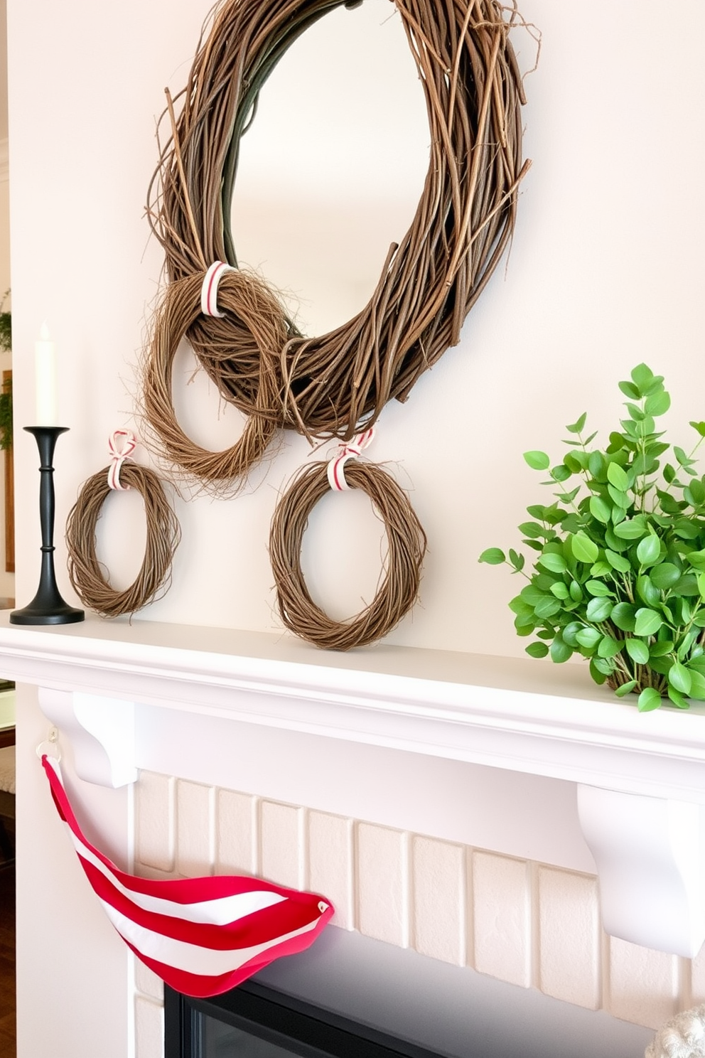 A cozy mantel decorated for Labor Day featuring simple wreaths made of twigs. The wreaths are arranged in a symmetrical pattern, enhancing the rustic charm of the space.