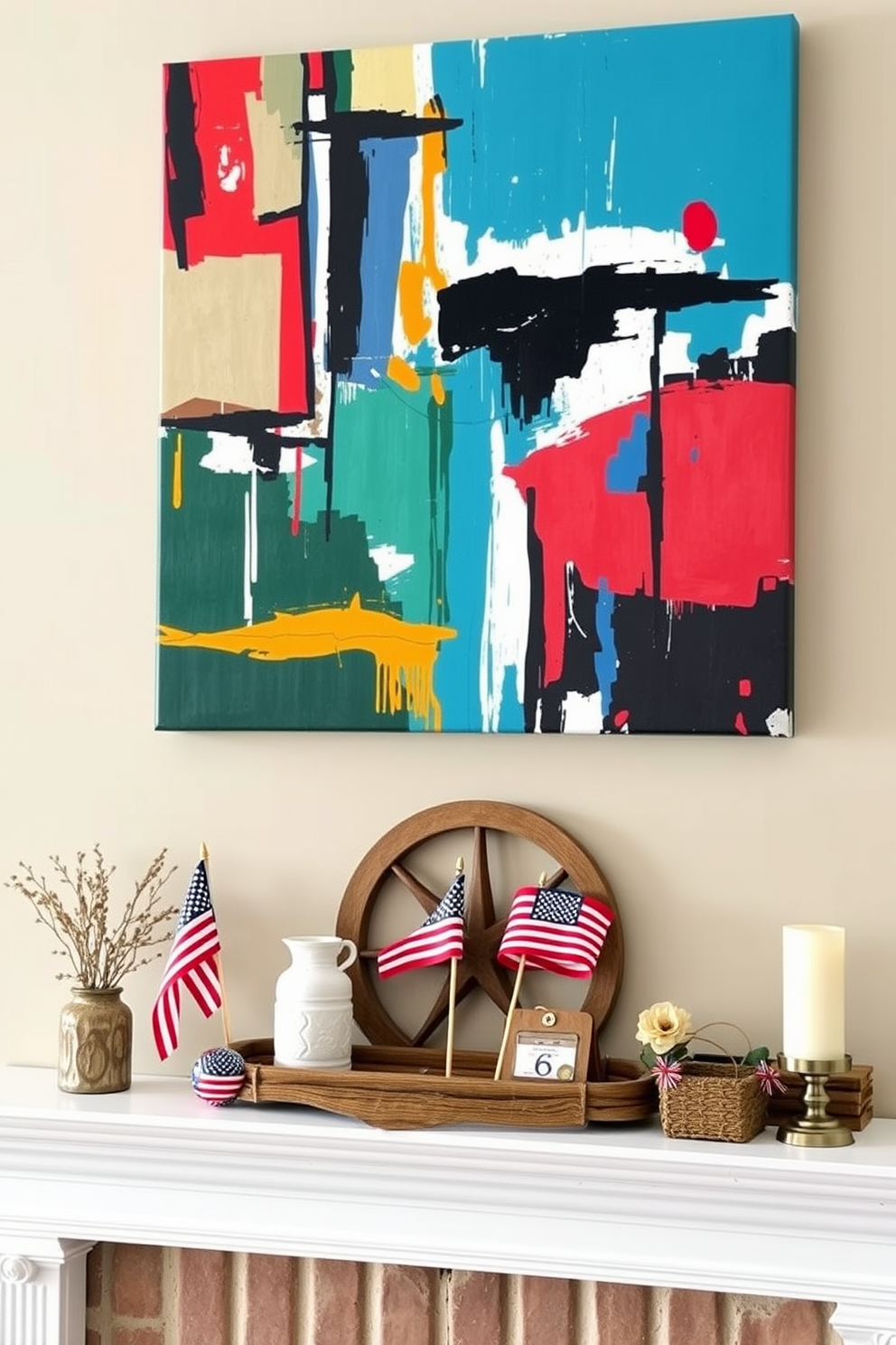 A striking statement art piece hangs above the mantel, drawing attention with its bold colors and dynamic shapes. The mantel is adorned with seasonal decorations, featuring rustic elements that celebrate Labor Day, such as small American flags and handcrafted items.