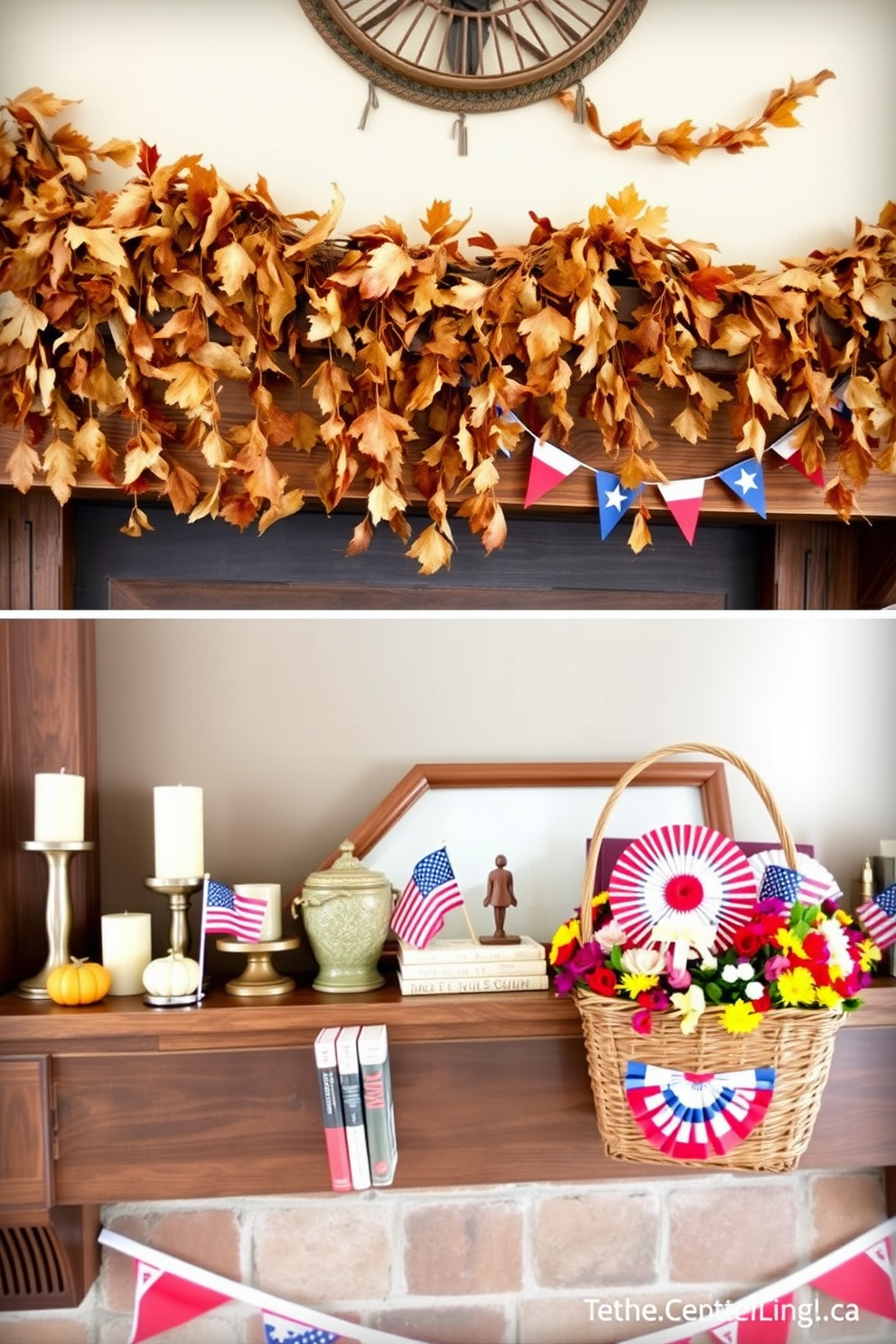 A cozy mantel adorned with hanging garlands of dried leaves creates a warm autumn atmosphere. The mantel features rustic wooden accents and is complemented by small pumpkins and candles to enhance the seasonal decor. For Labor Day, the mantel is decorated with red, white, and blue accents, including small flags and themed bunting. A collection of vintage books and a woven basket filled with seasonal flowers add a touch of charm and celebration to the display.