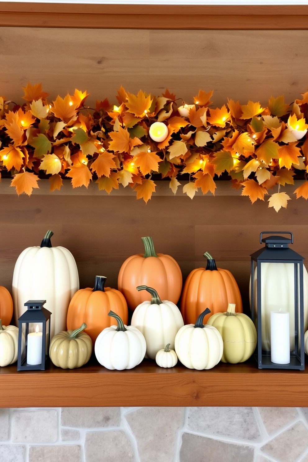 A collection of ceramic pumpkins in various sizes arranged on a rustic wooden mantel. The pumpkins are painted in warm autumn colors, creating a cozy seasonal display. Above the mantel, a garland of fall leaves intertwines with string lights, adding a soft glow. On either side of the pumpkins, small lanterns with flickering candles enhance the festive atmosphere.