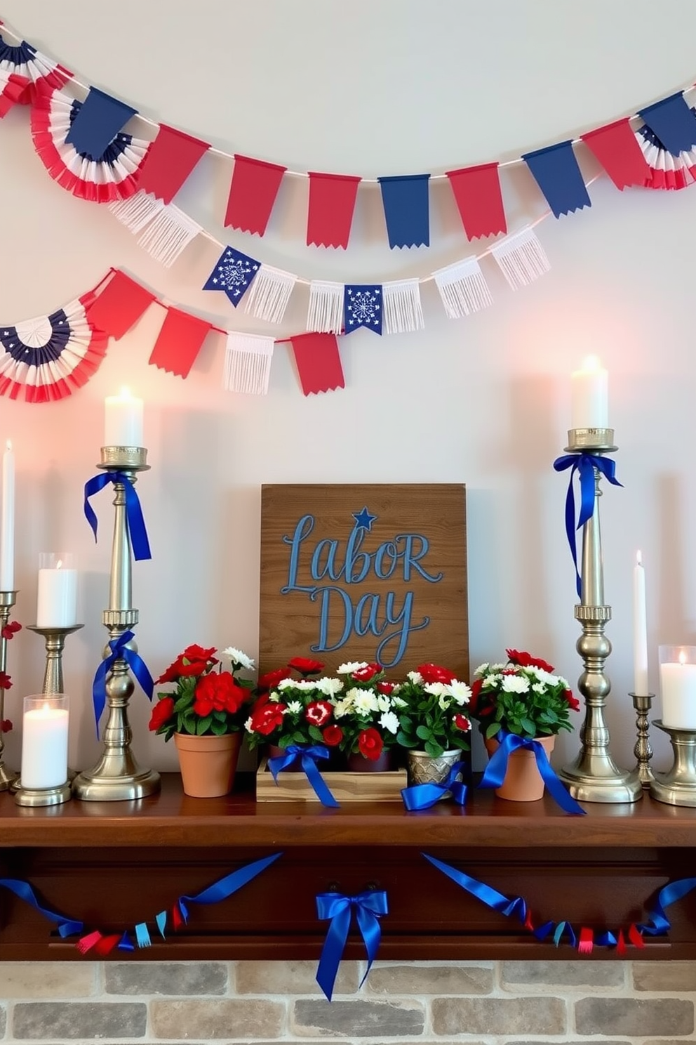 A vibrant Labor Day mantel decorated in red, white, and blue. The mantel features a mix of patriotic bunting and elegant candles in varying heights, creating a festive yet sophisticated atmosphere. In the center, a large wooden sign with a cheerful Labor Day message is surrounded by small potted plants with red and white flowers. Accents of blue ribbon are woven throughout, adding a touch of charm and cohesion to the overall design.