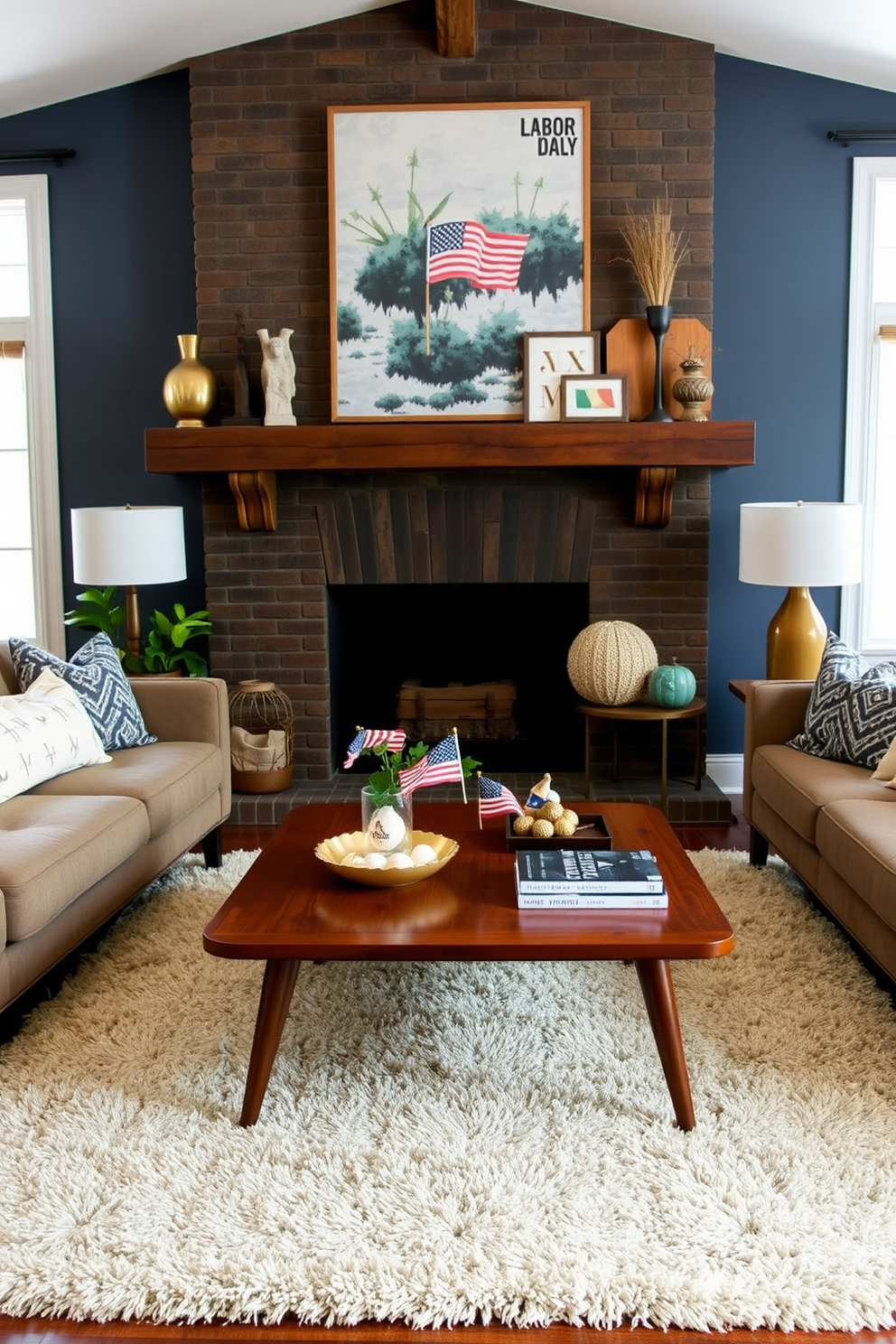 A stylish living room featuring a blend of vintage and modern decor. A mid-century coffee table sits atop a plush area rug, surrounded by contemporary sofas and eclectic throw pillows. The mantel is adorned with seasonal decorations for Labor Day. A combination of rustic elements like wooden accents and modern art pieces creates a warm and inviting atmosphere.