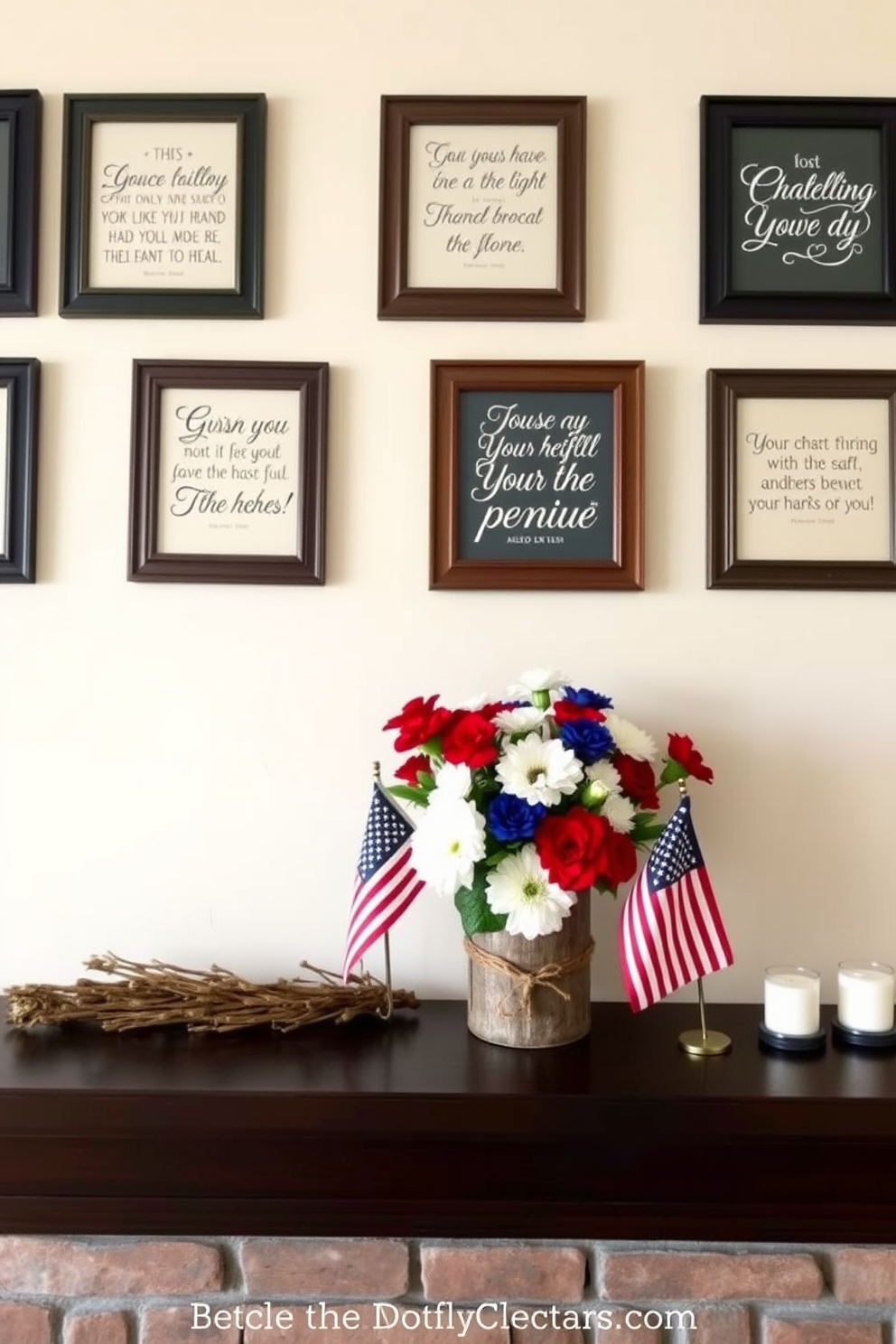 A collection of seasonal quotes elegantly displayed in stylish frames. Each frame features a unique design that complements the overall decor of the room. The mantel is beautifully decorated for Labor Day with a mix of patriotic elements and natural accents. Red, white, and blue flowers are arranged in a rustic vase, accompanied by small American flags and candles for a warm ambiance.