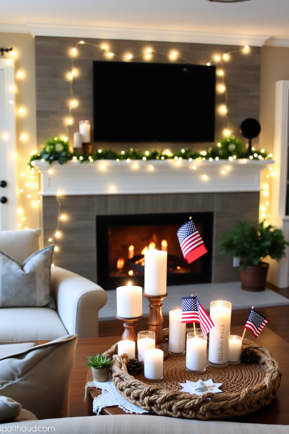 A cozy living room adorned with soft fairy lights that cast a warm glow throughout the space. The lights are delicately draped along the mantel, creating an inviting atmosphere for gatherings. A beautifully styled mantel for Labor Day featuring rustic elements and seasonal decor. Red, white, and blue accents are strategically placed among candles and small flags, celebrating the holiday spirit.