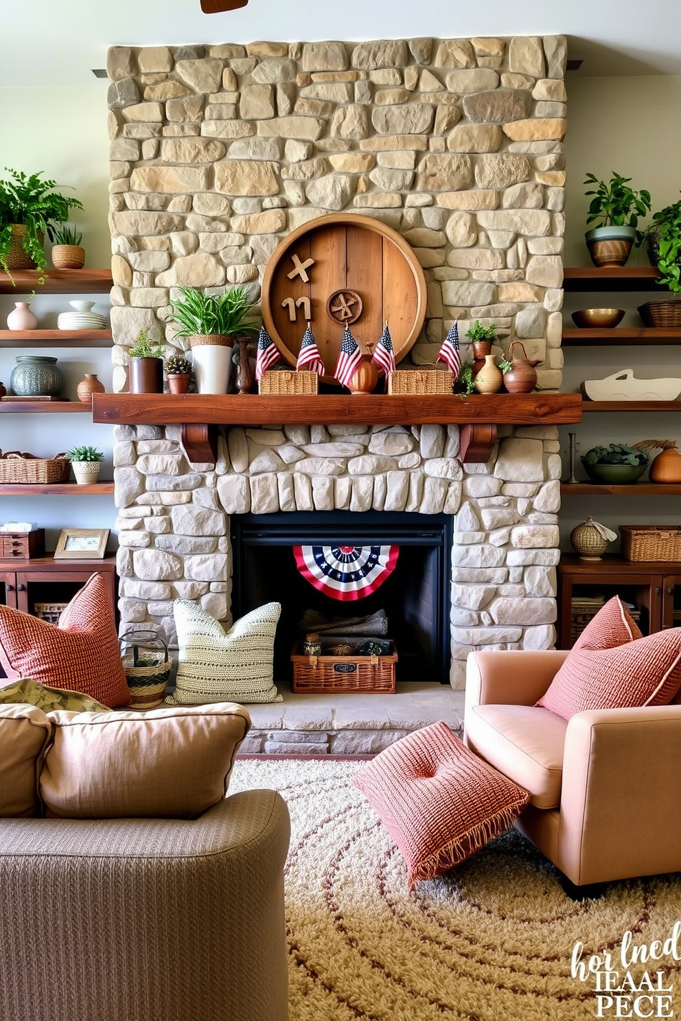 A cozy living room adorned in earthy tones with rustic charm. The focal point is a large stone fireplace surrounded by reclaimed wood shelves filled with plants and handmade pottery. On the mantel, seasonal decorations celebrate Labor Day with small American flags and woven baskets. Soft, textured throw pillows in warm hues complement a plush area rug that ties the space together.