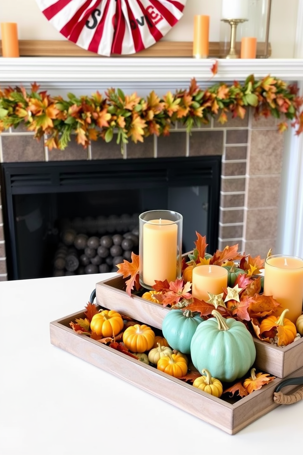 A beautifully arranged mantel featuring decorative trays filled with seasonal items. The trays showcase an array of autumn leaves, small pumpkins, and candles in warm hues, creating a cozy and inviting atmosphere for Labor Day celebrations.