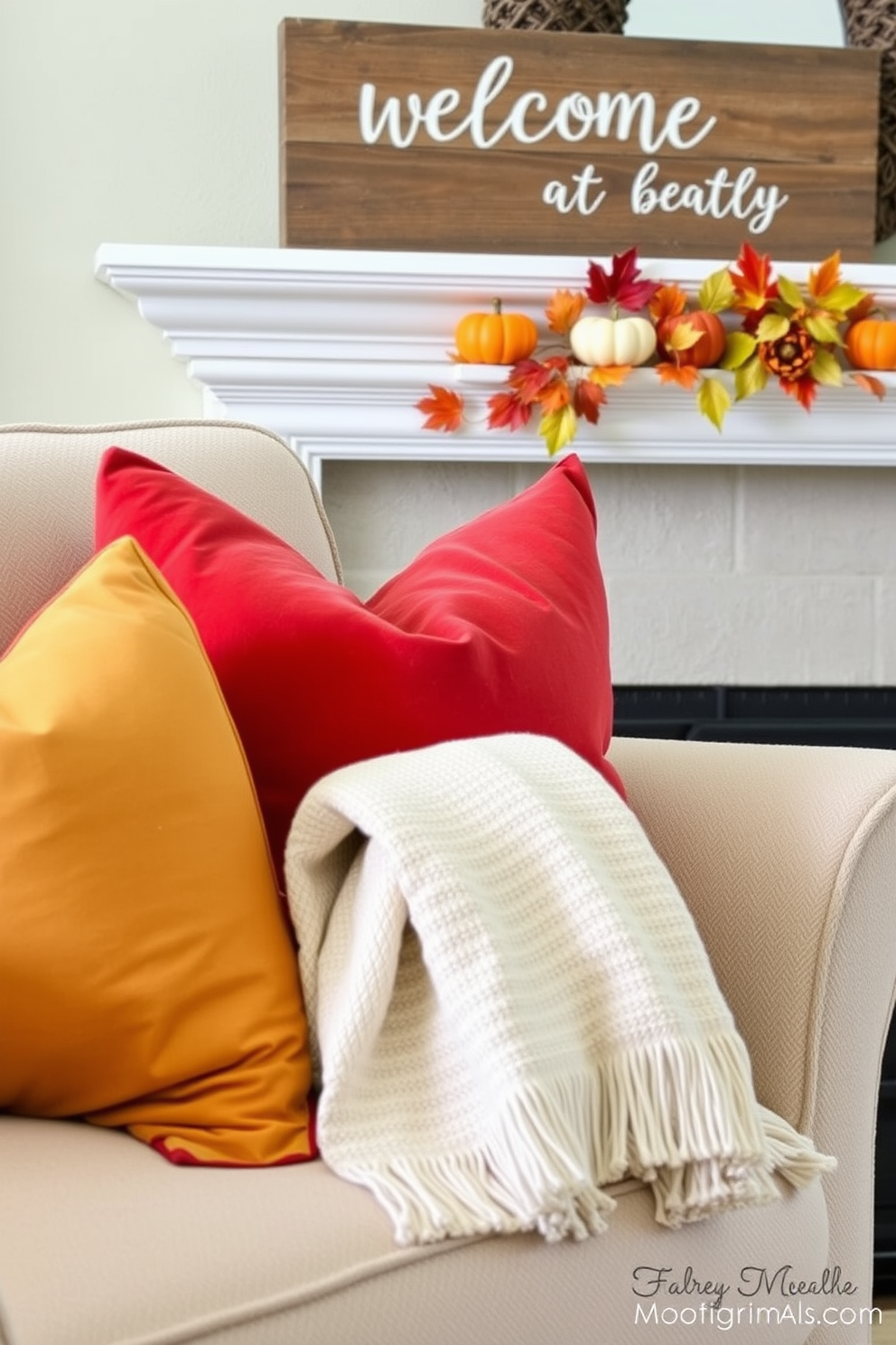 Colorful throw pillows in autumn hues are arranged on a plush sofa, creating a warm and inviting atmosphere. The pillows feature rich shades of orange, red, and mustard, complemented by a soft, neutral throw blanket draped over the armrest. Labor Day mantel decorating ideas include a charming display of seasonal elements such as small pumpkins and vibrant fall leaves. Above the mantel, a rustic wood sign with a welcoming message adds a festive touch to the overall decor.