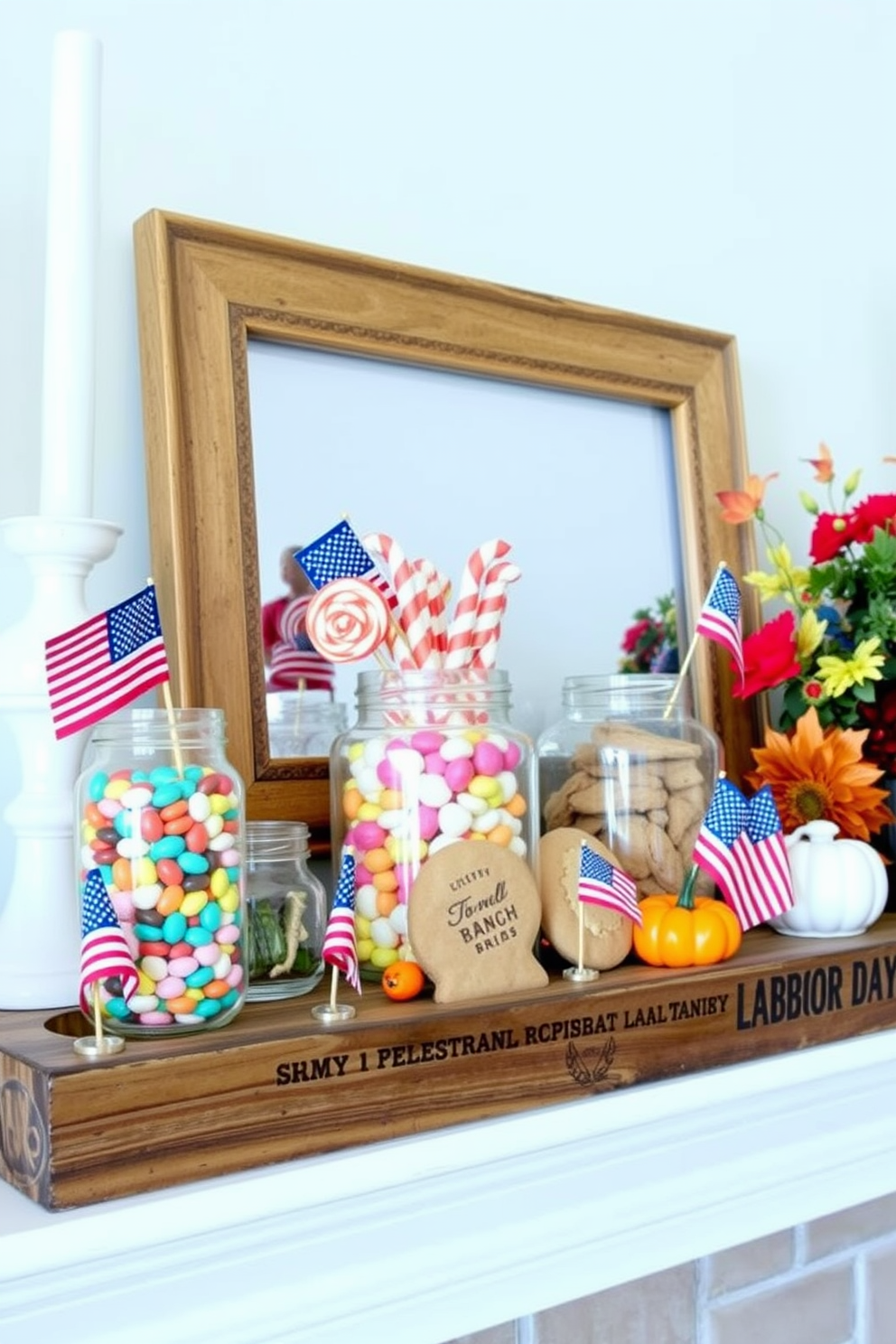 A cozy mantel decorated for Labor Day features glass jars filled with seasonal treats like colorful candies and homemade cookies. The jars are arranged on a rustic wooden tray, complemented by small American flags and autumn-themed accents.