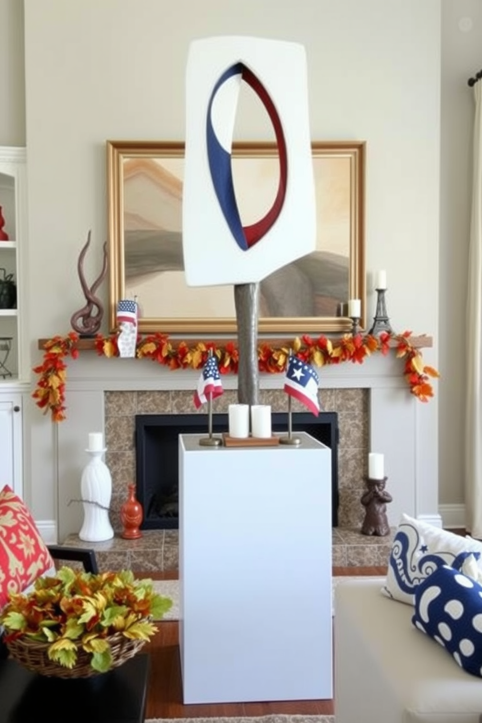 Artistic sculptures create a unique focal point in the living room. A large abstract piece stands on a sleek pedestal, surrounded by smaller sculptures that complement the overall aesthetic. For Labor Day mantel decorating ideas, incorporate red, white, and blue accents to celebrate the holiday. Arrange seasonal elements like small flags, rustic candle holders, and a garland of autumn leaves for a festive touch.