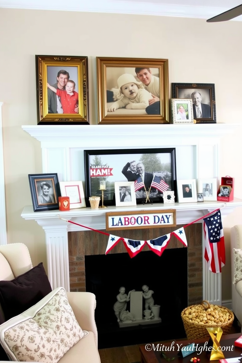 A cozy living room adorned with personalized items that create a homey atmosphere. Family photos in elegant frames are displayed on the mantel, alongside handcrafted decorative pieces that reflect cherished memories. For Labor Day, the mantel is decorated with a mix of seasonal elements and personal touches. Red, white, and blue accents are incorporated, including small flags and a rustic sign that celebrates the holiday spirit.