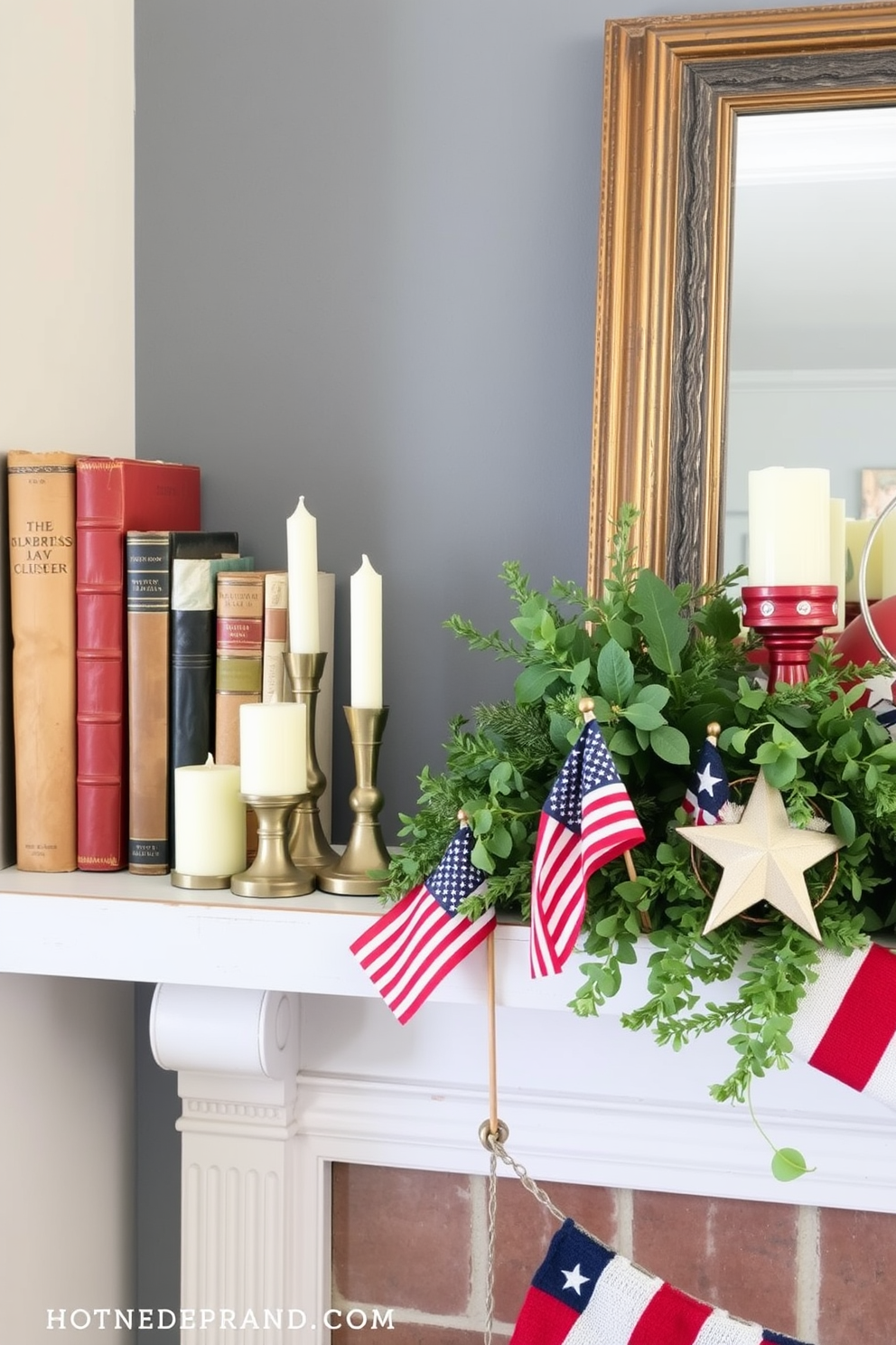 A cozy reading nook featuring a collection of vintage books arranged on a weathered wooden shelf. Beside the books, a cluster of elegant candles in varying heights adds a warm glow to the space. A festive Labor Day mantel decorated with red, white, and blue accents. Fresh greenery and small American flags create a patriotic atmosphere, complemented by seasonal decorative items.