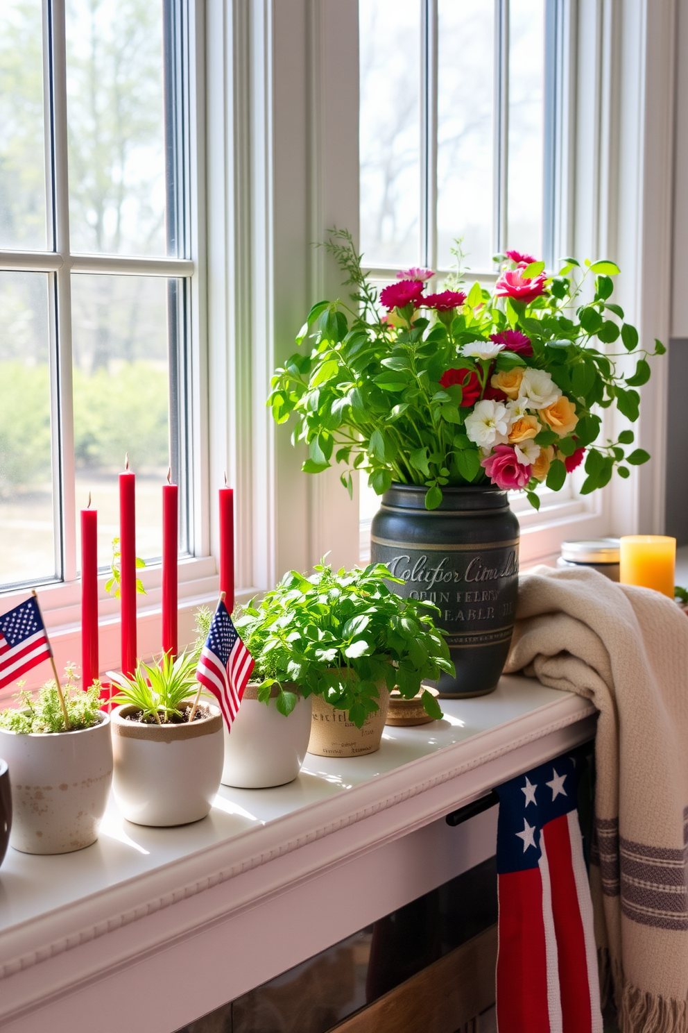 Fresh herbs in decorative pots. A variety of vibrant green herbs such as basil, rosemary, and thyme are arranged in stylish ceramic pots on a sunny kitchen windowsill. The pots feature unique textures and colors, adding an aesthetic appeal to the space while providing easy access to fresh ingredients for cooking. Labor Day Mantel Decorating Ideas. The mantel is adorned with a mix of patriotic decor, including small American flags, red and blue candles, and seasonal flowers in a rustic vase. A cozy throw blanket drapes over one end, inviting warmth and comfort to the holiday gathering.