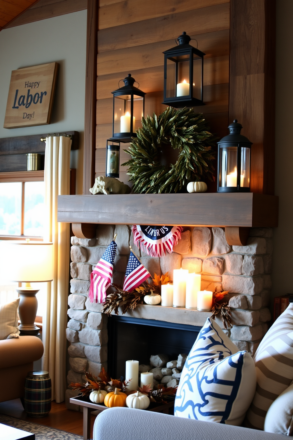 A cozy living room featuring rustic wood accents throughout the space. Lanterns are strategically placed on shelves and the mantel, casting a warm glow. The mantel is adorned with seasonal decorations for Labor Day. A mix of small pumpkins, autumn leaves, and candles creates a festive yet inviting atmosphere.