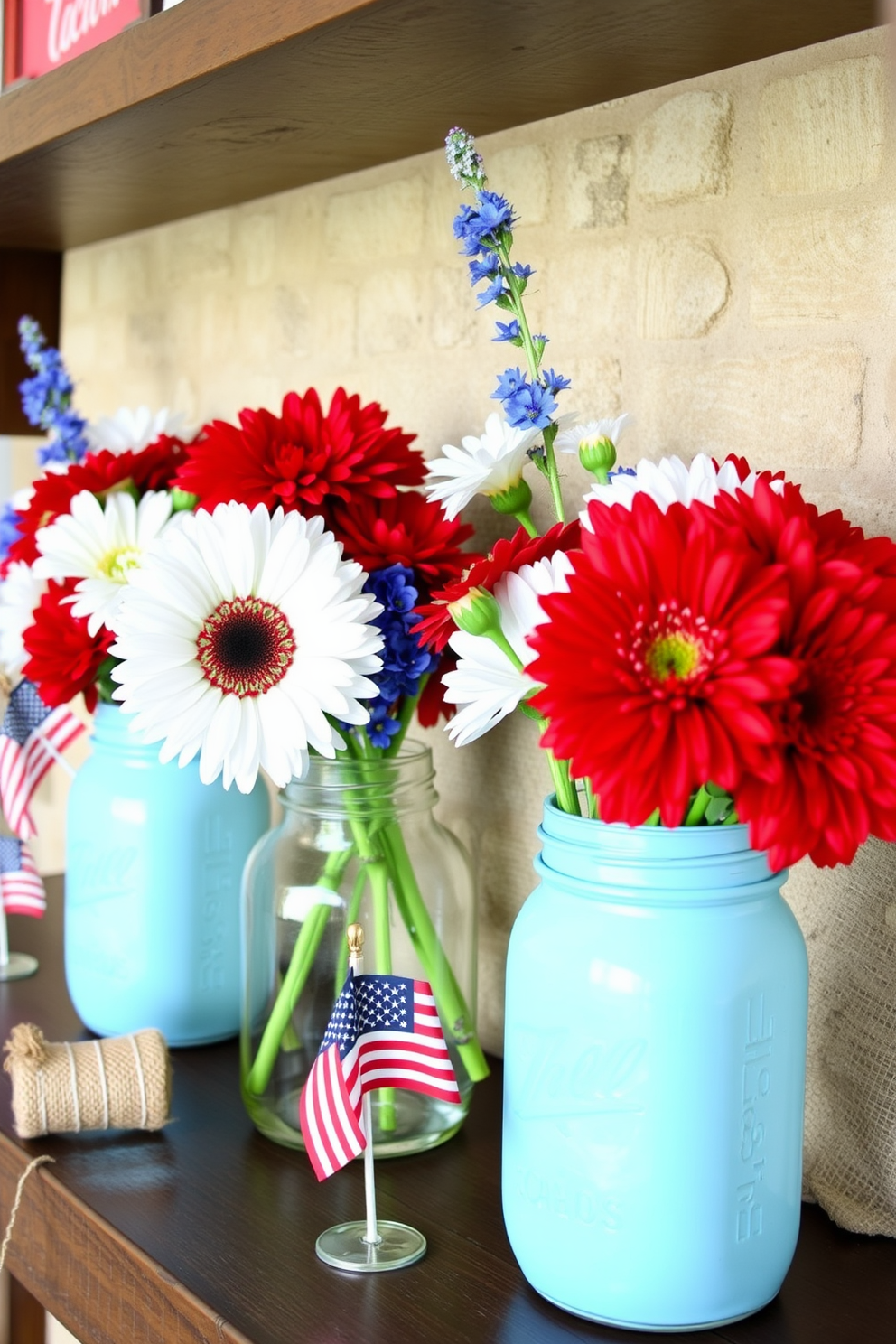 Create a charming mantel display for Labor Day featuring seasonal flowers in mason jars. Arrange red, white, and blue blooms in the jars, complemented by small American flags and rustic accents like burlap or twine.