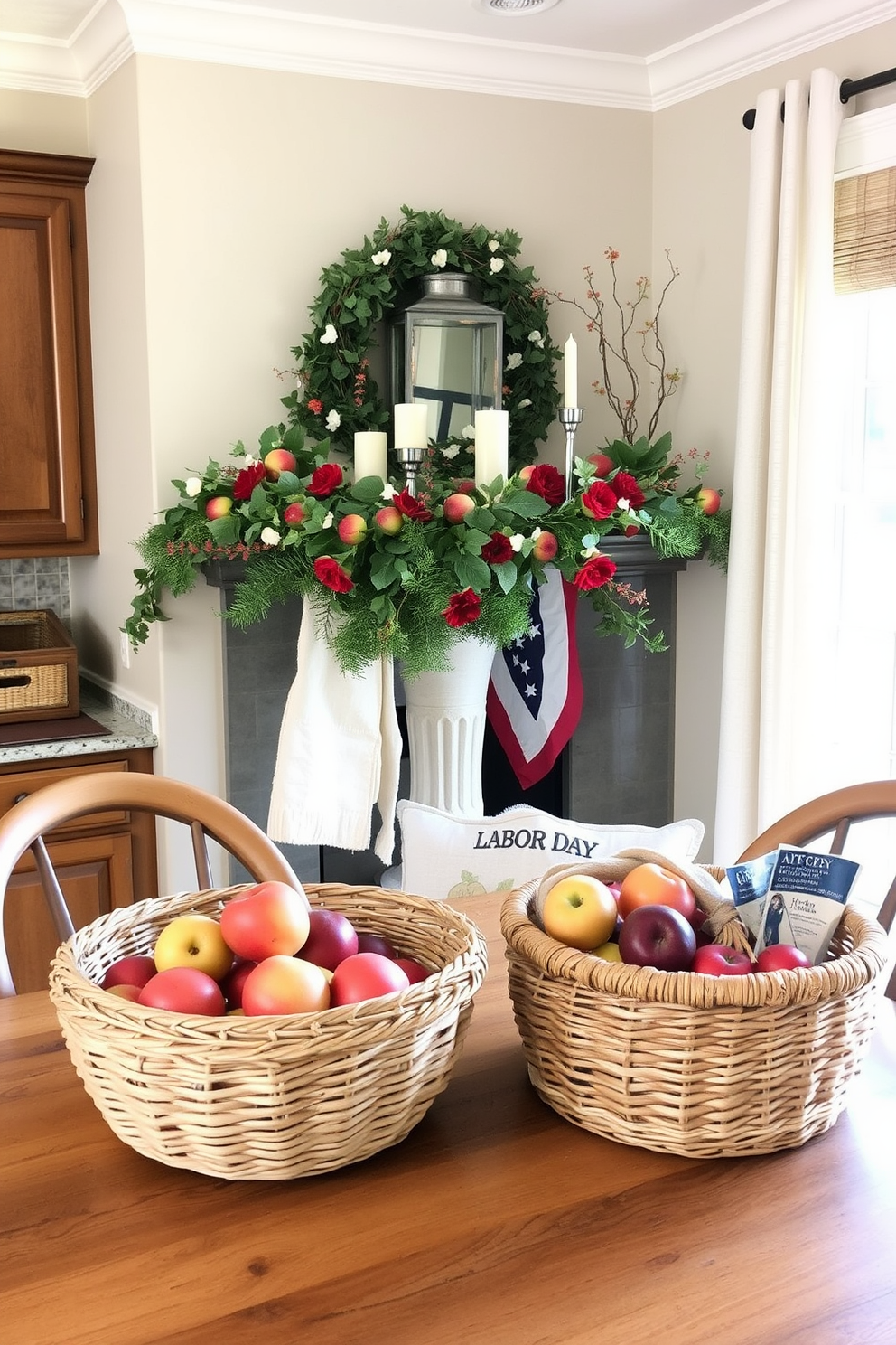 A cozy kitchen nook featuring woven baskets filled with seasonal fruits. The natural textures of the baskets complement the rustic wooden table and the warm, inviting atmosphere. An elegantly decorated mantel for Labor Day celebrations. Red, white, and blue accents intertwine with seasonal foliage and candles, creating a festive yet sophisticated display.